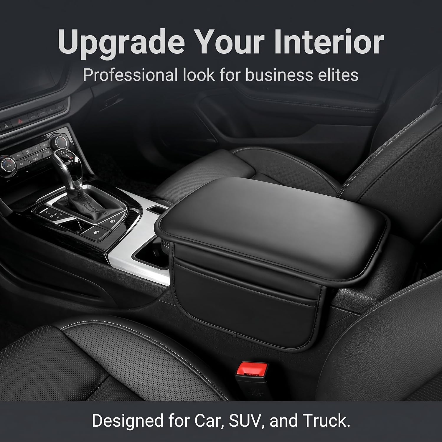 Car Center Console Cover, Upgrade Breathable Leather Center Armrest Pad with 2 Storage Bags, Multifunctional Scratch-resistant Armrest Box Protective Pad, Universal Interior Accessories(Black)