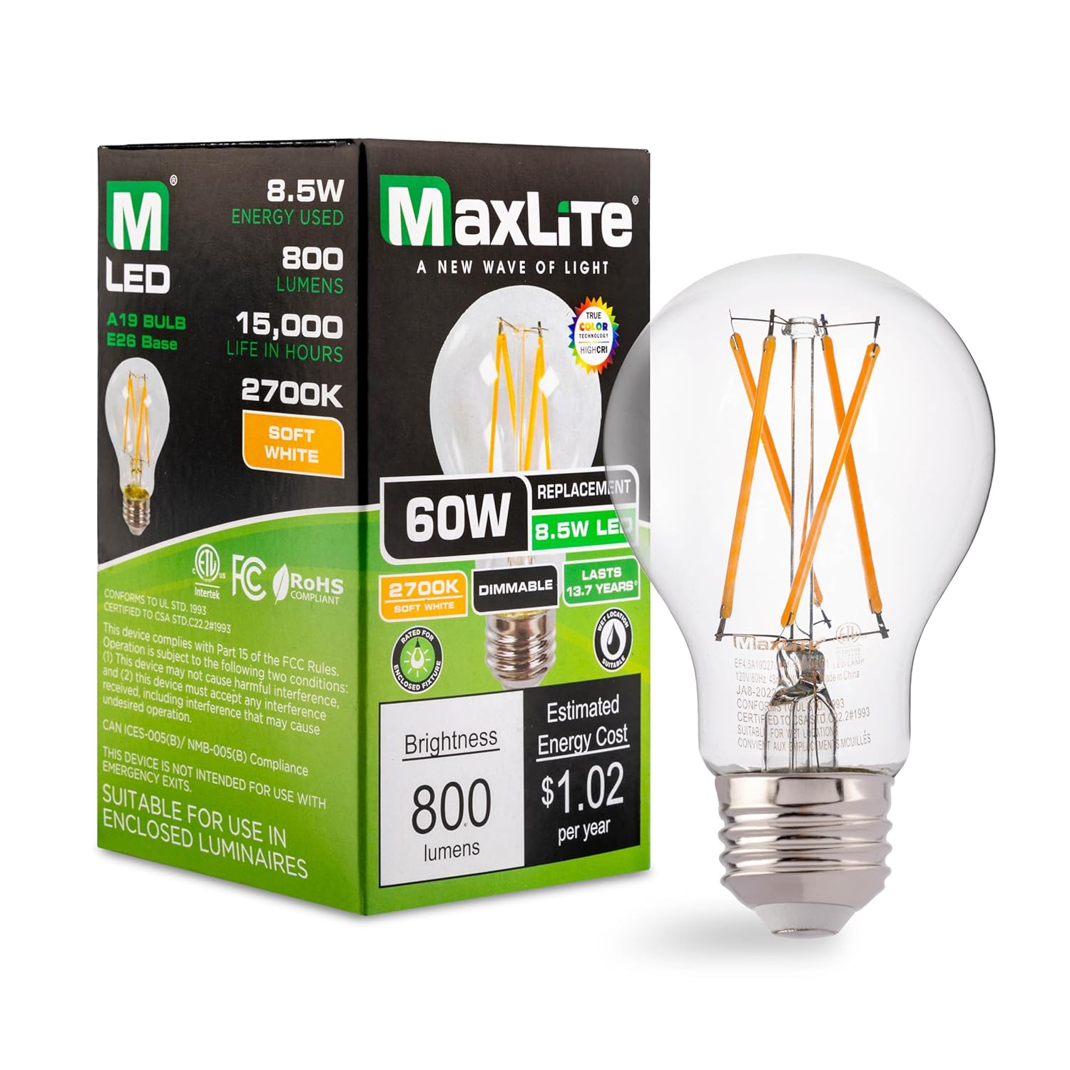 MaxLite A19 LED Bulb, Enclosed Fixture Rated, 60W Equivalent
