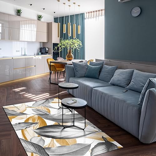 Miniatura 3 de Alfombra de área de hojas de plumas grises y doradas, nórdica, moderna, simple, de alta calidad, antideslizante, lavable a máquina, fácil cuidado,