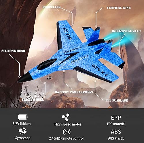 Miniatura 4 de Eyftear Avión RC SU-35, avión RC para niños principiantes, avión de control remoto con luz, avión de control remoto fácil de volar (azul)