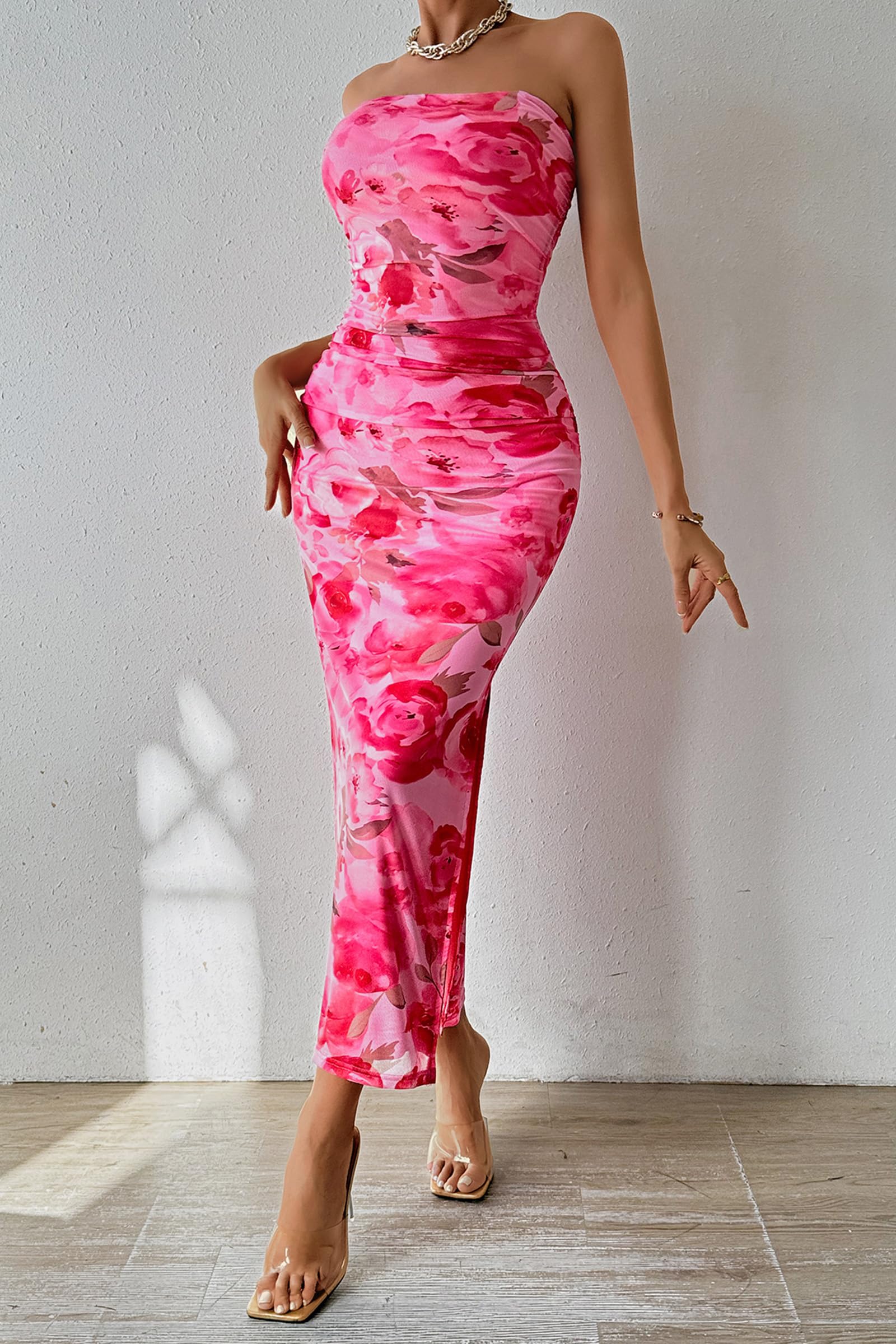 PRETTYGARDEN Women's Summer Maxi Bodycon Dresses Strapless Tube Top Printed Long Party Club Slit Dress