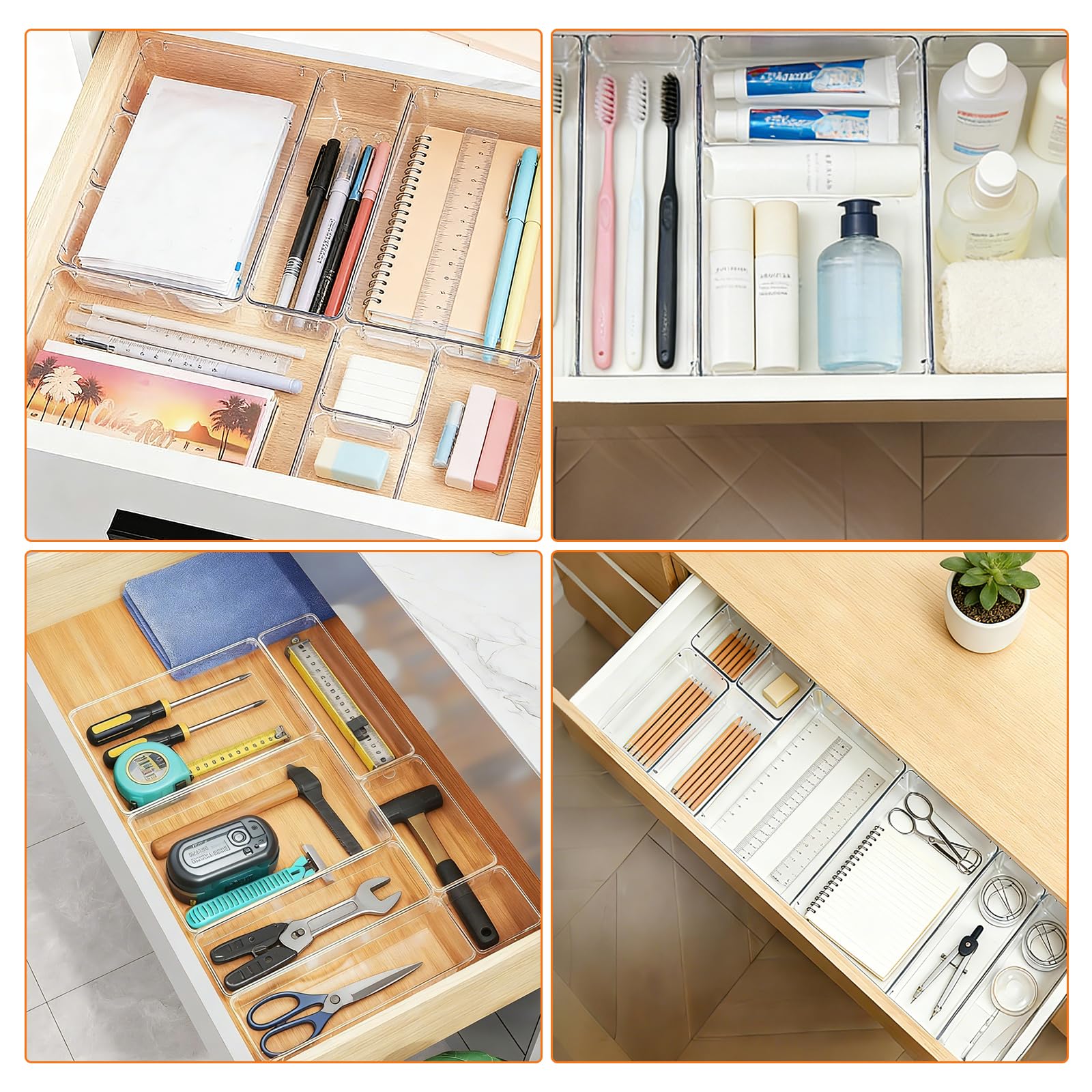 Organizer Cassetti 25 Pezzi, 4 dimensioni, Contenitori per cassetti in Plastica Trasparente Divisori per Cassetti Impilabili per Bagno, Cucina, Trucchi, Scrivania