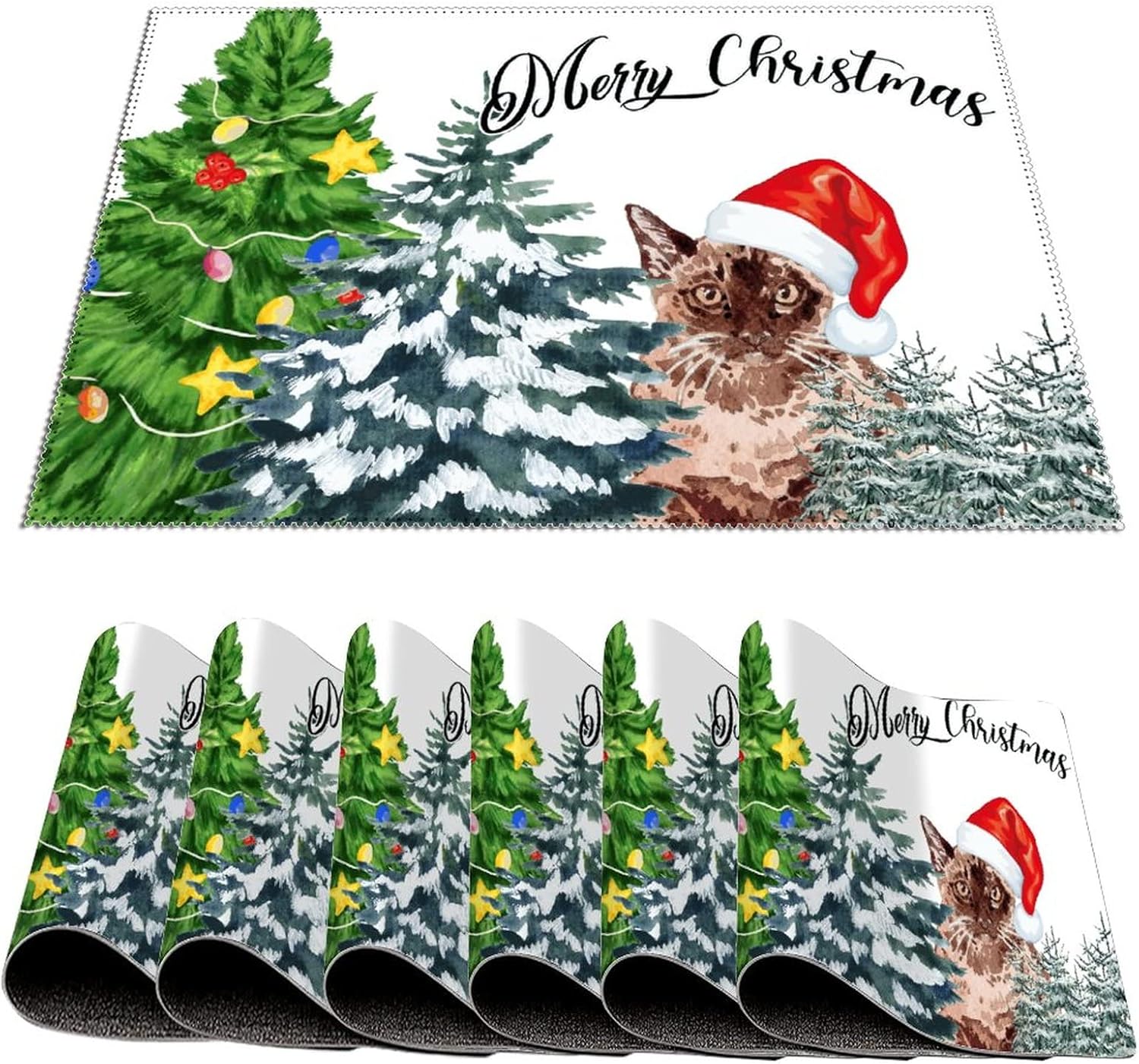 Placemat Meowy Christmas Cat Table Decoration Holiday Banquet Kitchen Dining Polyester Table Mat Set of 6 Meowy Catmas Cat with Red Hat Farmhouse Placemats Non Slip Washable Place Mats