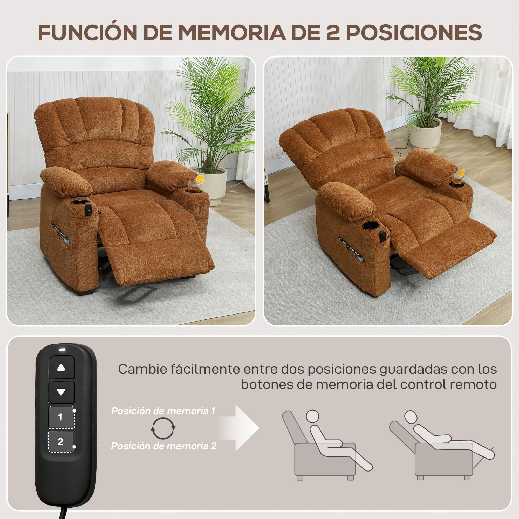 HOMCOM Sillón Relax Reclinable Eléctrico, Sillón Reclinable Silencioso de Terciopelo con Función Memoria, Reposapiés, Mando a Distancia, Bolsillos, Puerto USB, Portavasos, Respaldo Concha, Marrón