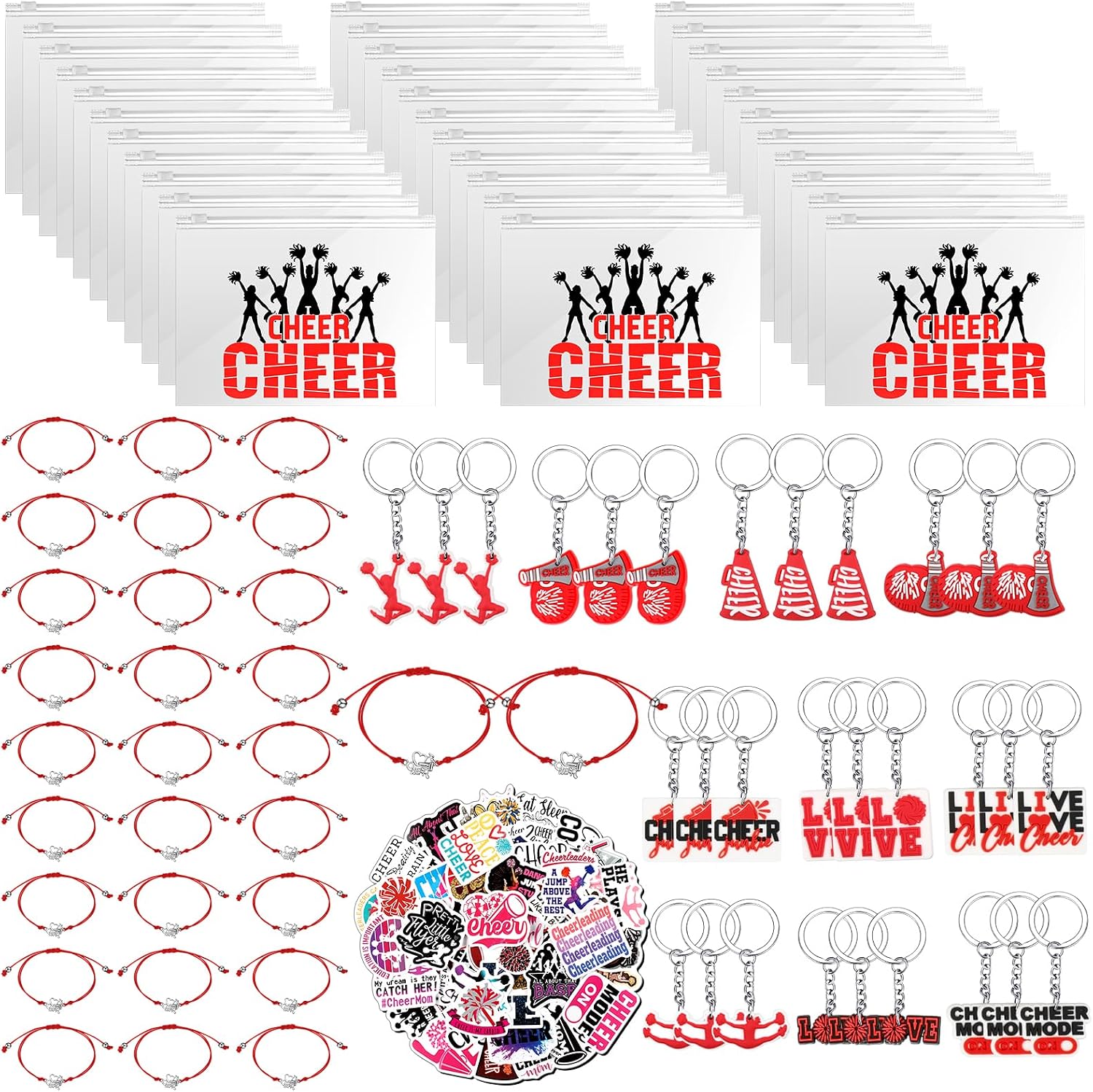 Huquary 91 Pcs Gifts for Cheerleader Cheer Gifts Bulk Cheer Makeup Bag & Keychain & Bracelet & Waterproof Stickers for Women Girls Teammates Gift Team(Blue)