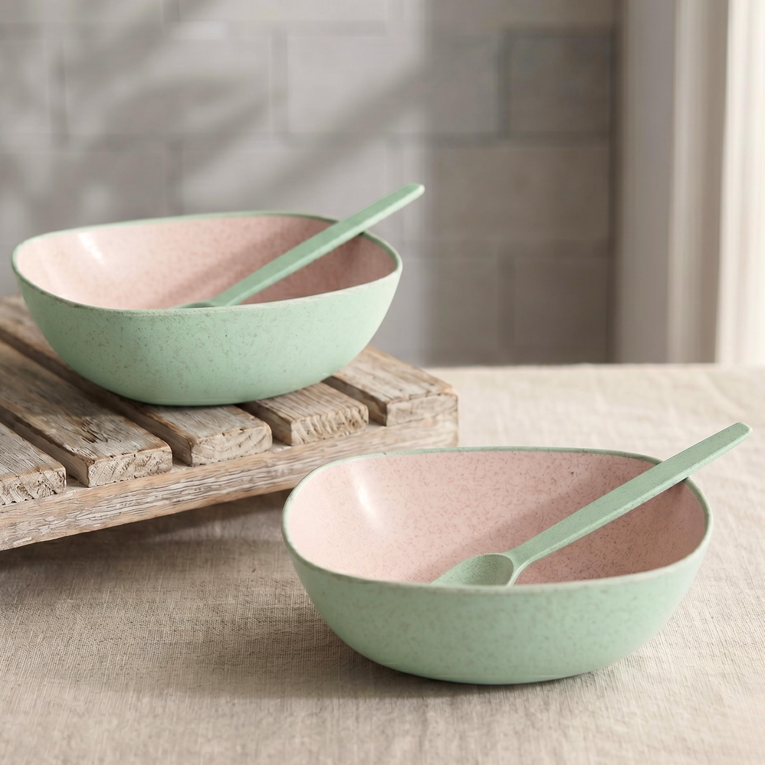 Eha Set of 2 Earth-Friendly Multipurpose Bowls for Kitchen | 600 ml | Made with Bamboo Fibers & Rice Husk | Microwave Safe Bowl | for Hot & Cold Serving Bowl Set | Celeste