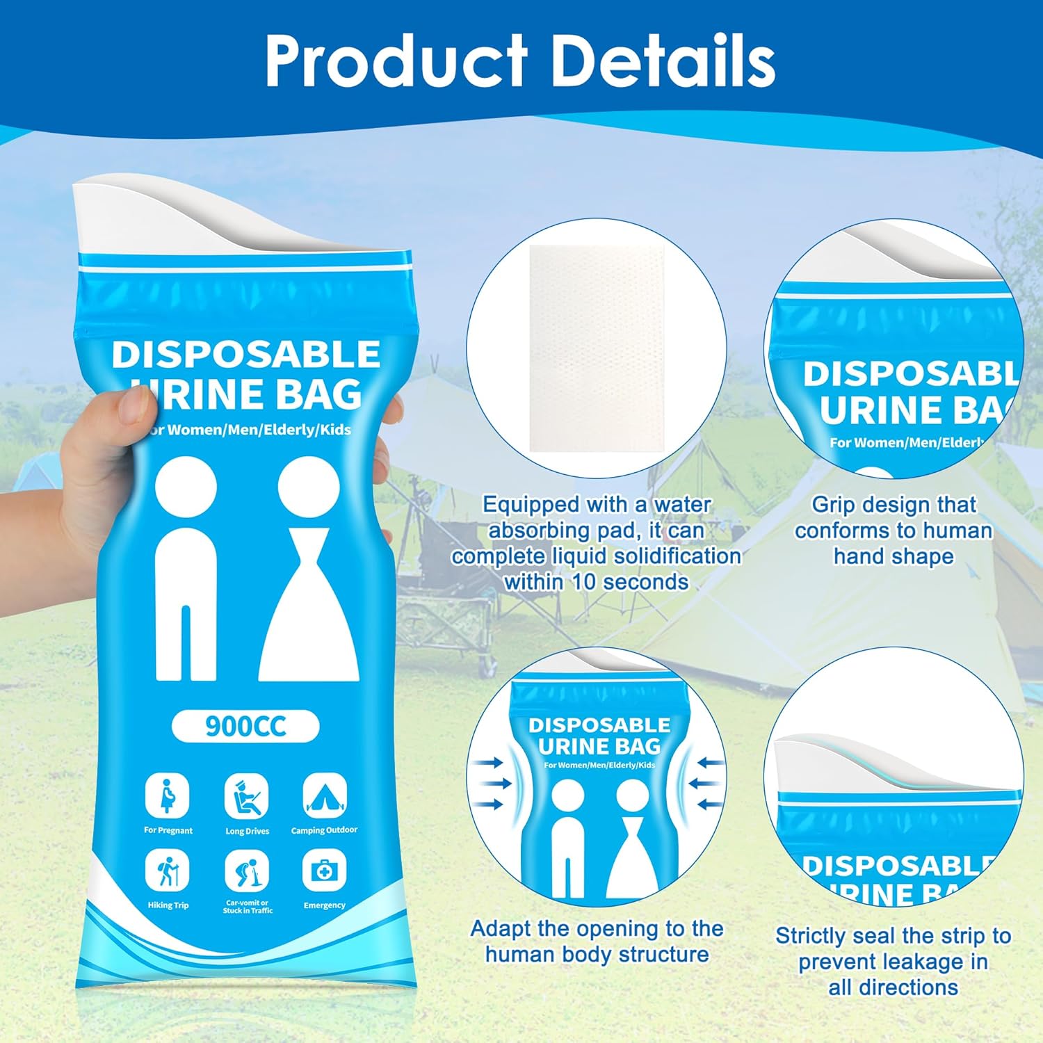 Coolrunner 900CC Disposable Urine Bags, 24/50 Pack Camping Pee Bags, Disposable Urinals for Travel, Emergency Portable Toilet