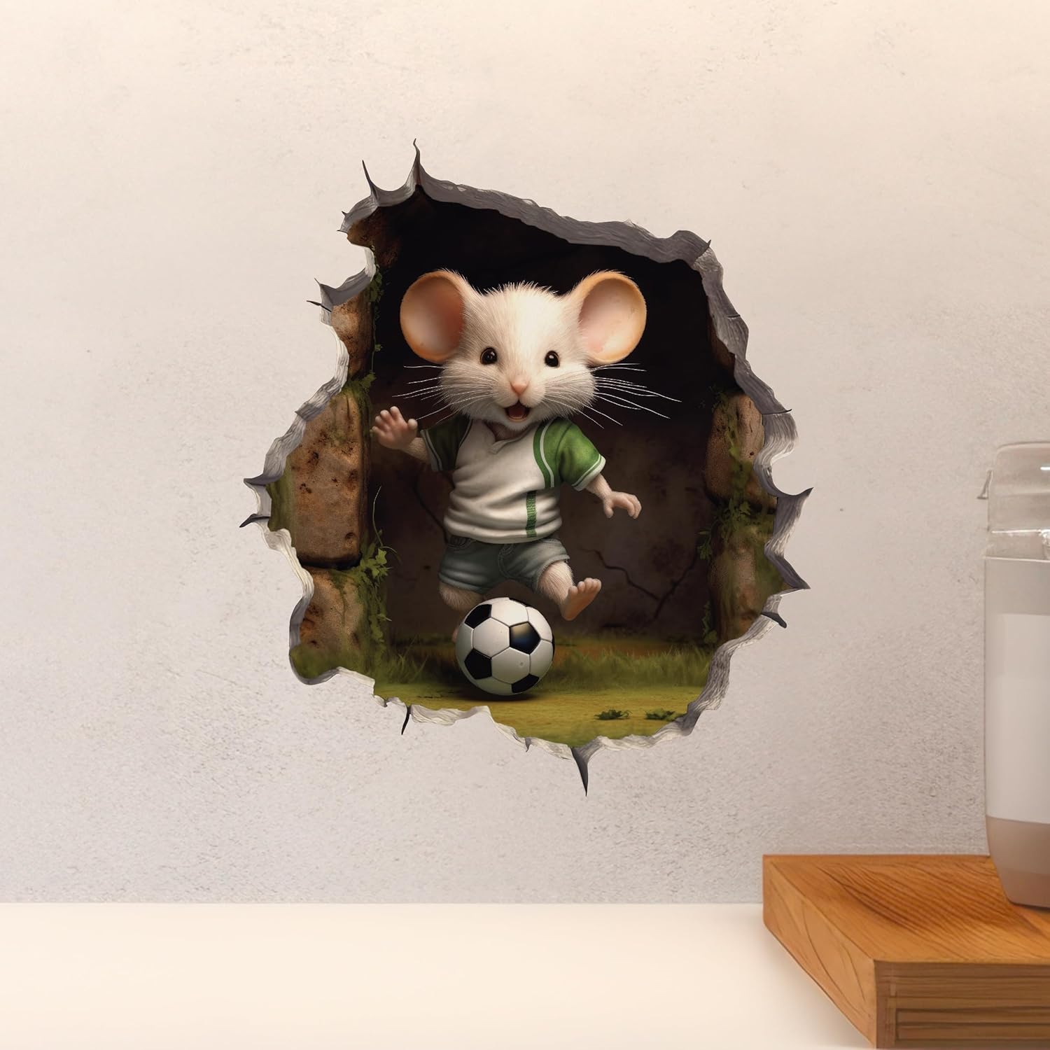My Wonderful Walls Soccer Mouse in Mouse Hole 3D Wall Sticker - White & Brown Cartoon Vinyl Decal for Walls, Windows & Other Flat Surfaces