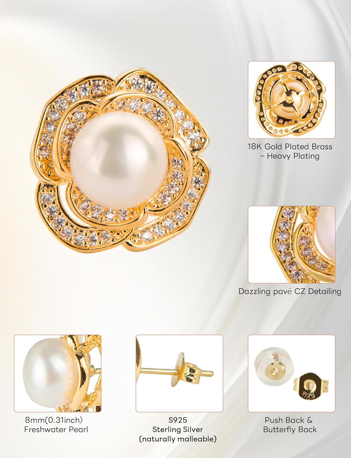 Freshwater Pearl Stud Earrings for Women – Hypoallergenic 18K Gold Plated Sterling Silver for Mother, Wife, Brides (Birthday, Valentine's Day, Anniversary,Wedding) - Image 5