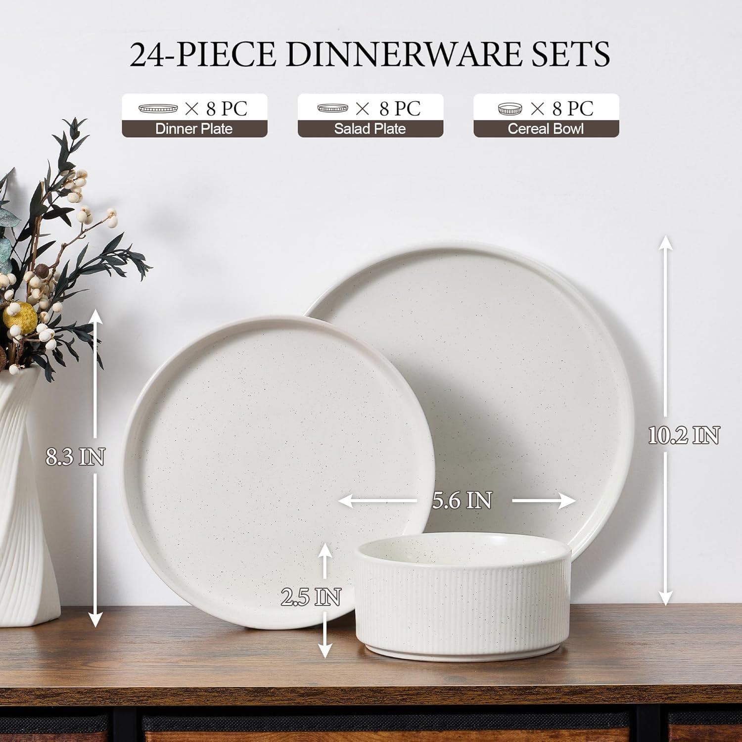 E-far 24-Piece Stoneware Dinnerware Sets, Plates and Bowls Sets for 8, Kitchen Modern Dinning Porcelain Dishes Set, Chip & Scratch Resistant, Dishwasher & Microwave Safe, Speckled White 24 Speckled White image 2 of 8 B0F9PHWKNT