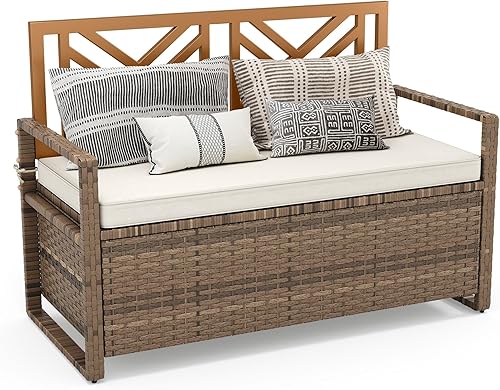 Miniatura 9 de YITAHOME Banco de almacenamiento al aire libre de 70 galones, banco de mimbre de polietileno para todo tipo de clima, caja de almacenamiento para