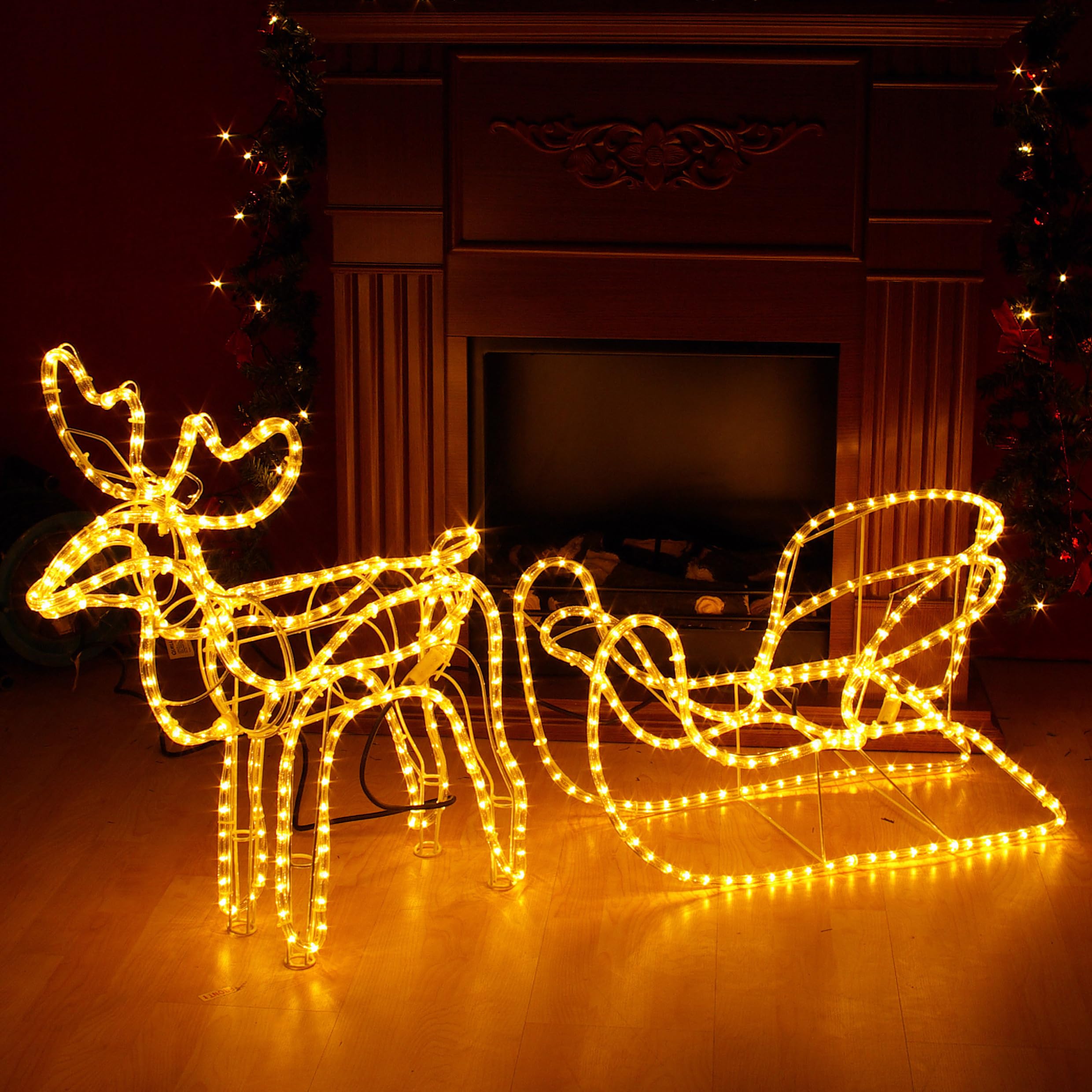 Rentier mit Schlitten aus 14 m Lichterschlauch 336 LED Figur Weihnachtsbeleuchtung 140 cm Länge Leuchtfigur Weihnachtsdekoration Fassadendeko Xmas (336 LED)