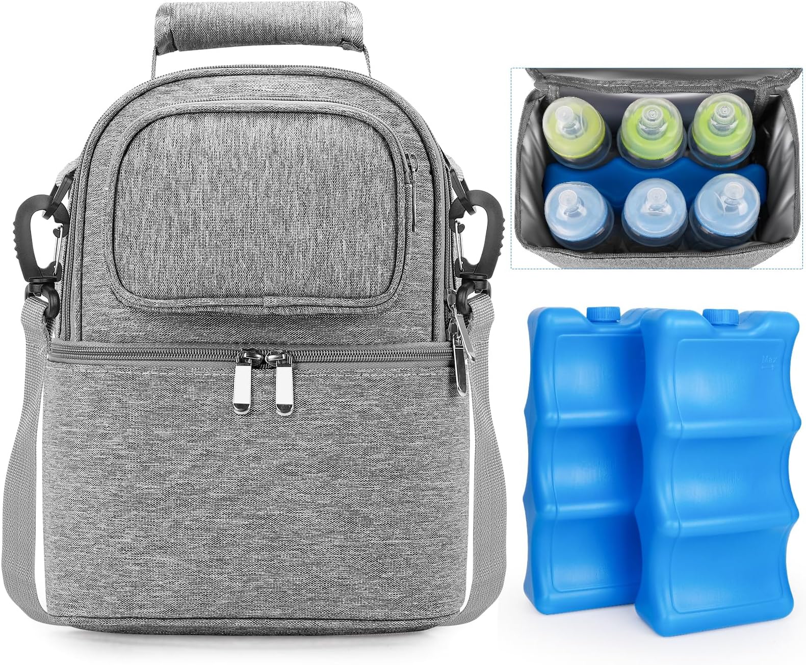 Breastmilk Cooler Bag with Ice Pack, Double Deck Breast Milk Storage for Breastfeeding, Nursing, Daycare, Insulated Lunch Bag with Strap