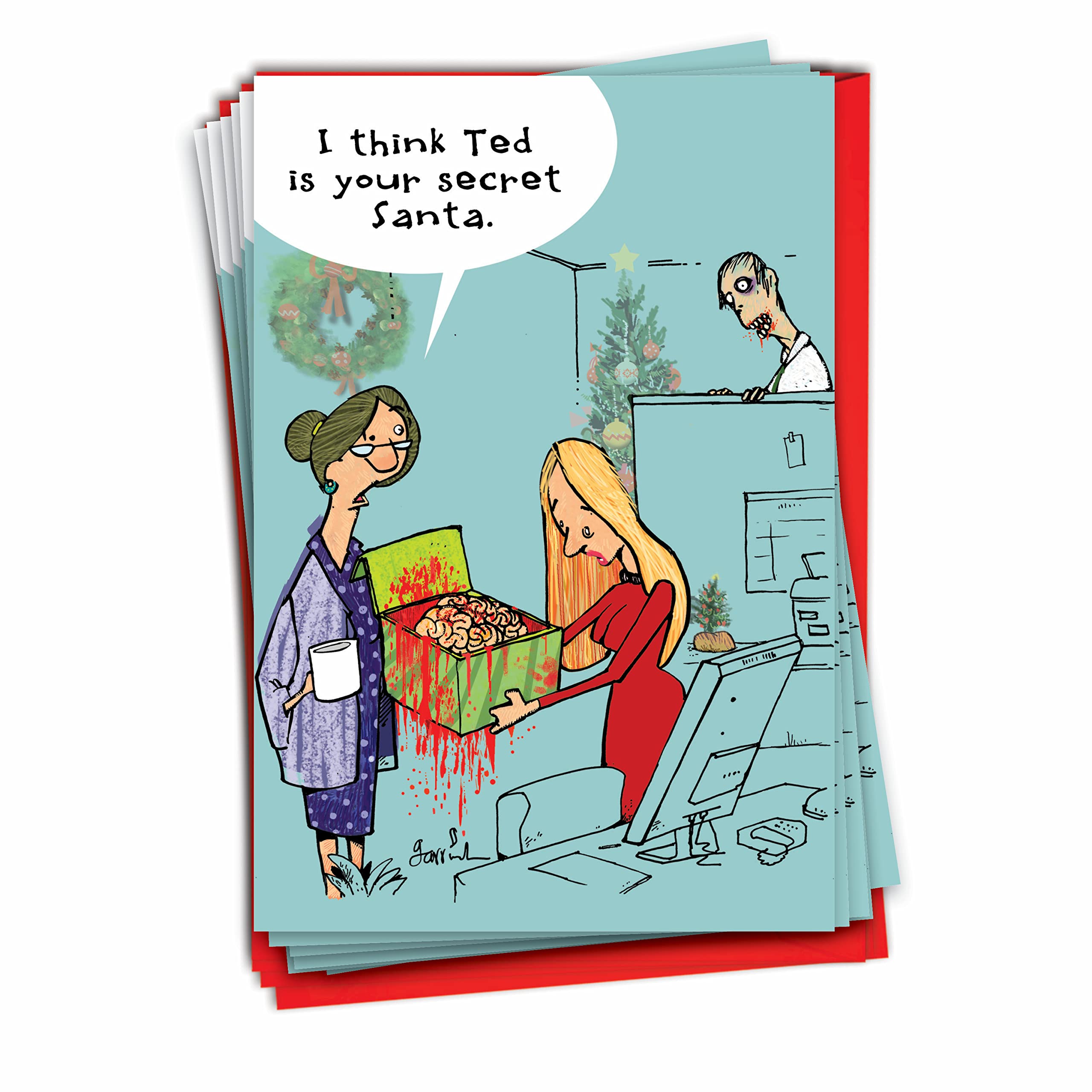NobleWorks - Box of 12 Funny Christmas Cards - Hilarious Holiday Humor, Xmas Stationery Set with Envelopes (1 Design, 12 Cards) - Zombie Secret Santa