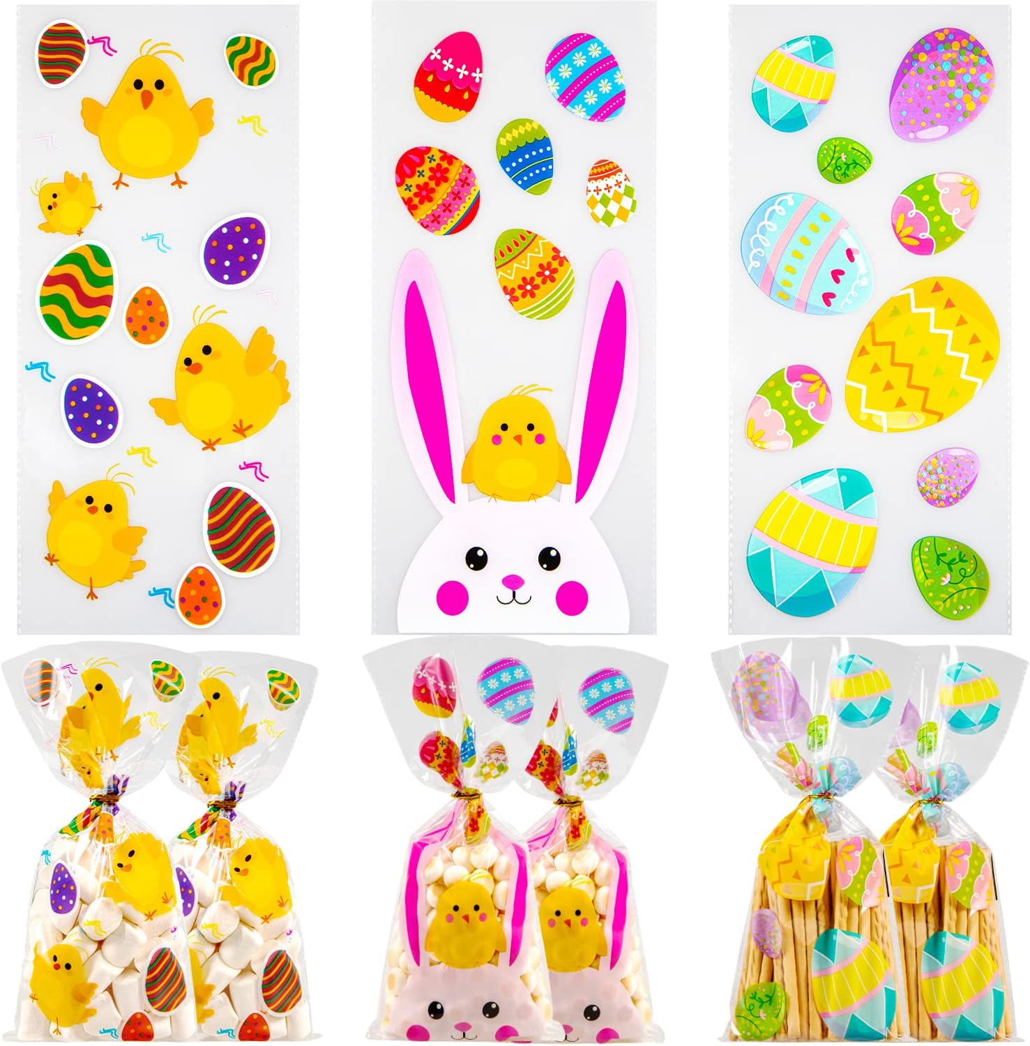 Chuangdi 100 Pack Easter Day Treat Bag Easter Bunny Party Bag Candy Cellophane Bag