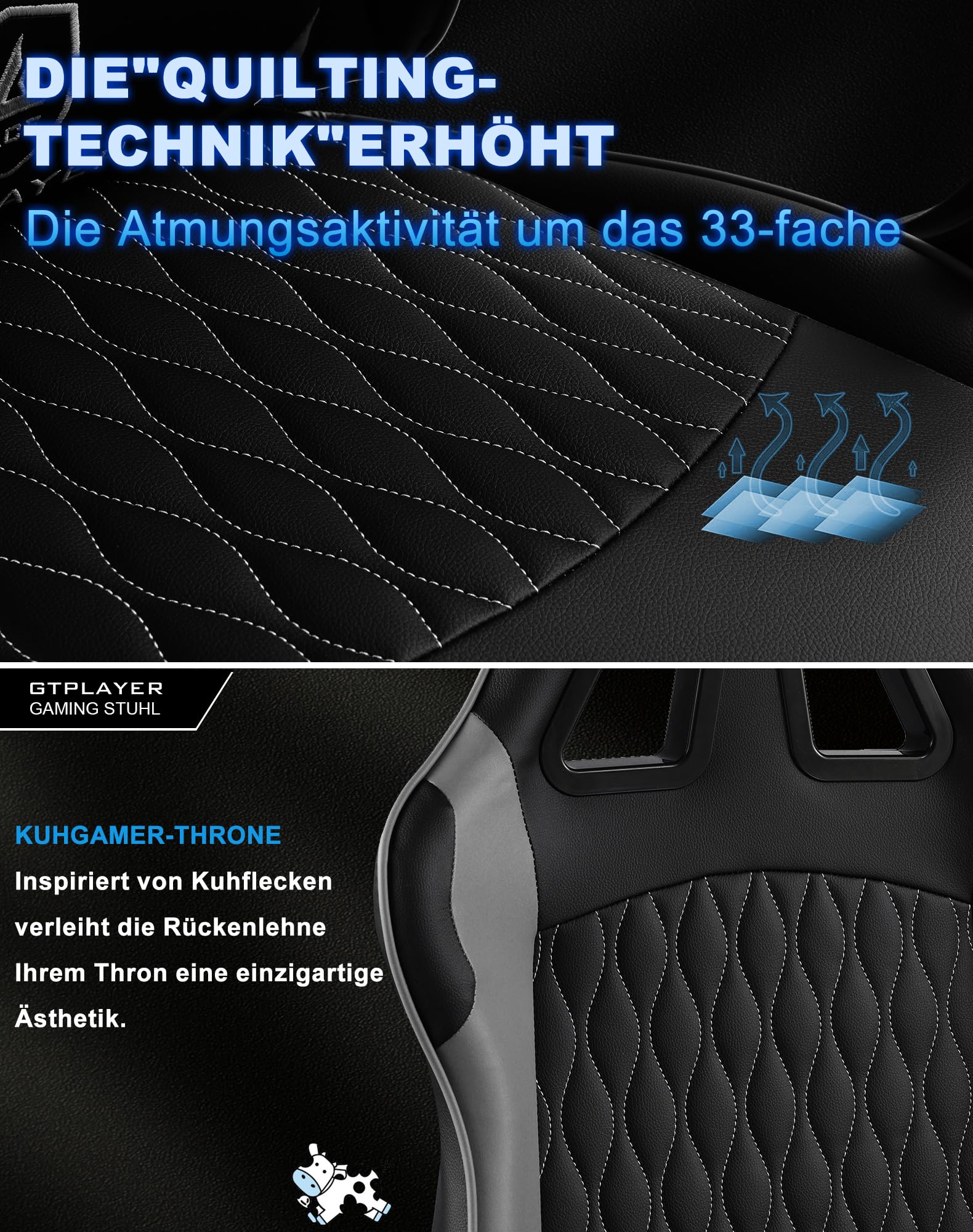 GTPLAYER Gaming Stuhl - Ergonomischer Bürosessel mit Verstellbarer Lordosen-/Kopfstütze & Fußstütze, 150 kg Belastbarkeit, Grau | Gaming Chair, PC Stuhl, Schreibtischstuhl