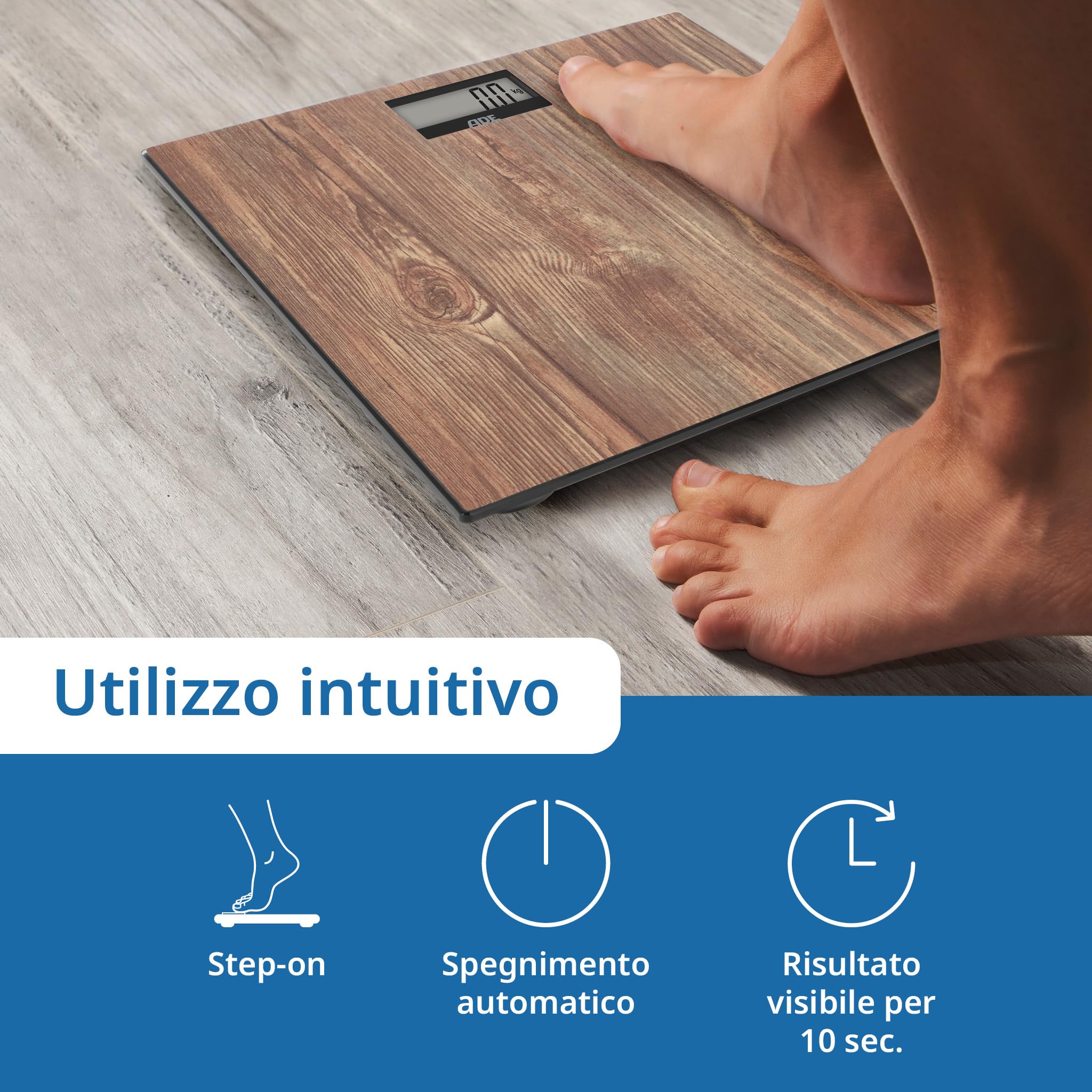 ADE Bilancia pesapersone digitale in accogliente look legno | ampio display | superficie di pesatura antiscivolo in vetro di sicurezza | risultati di pesatura accurati | fino a 180 kg