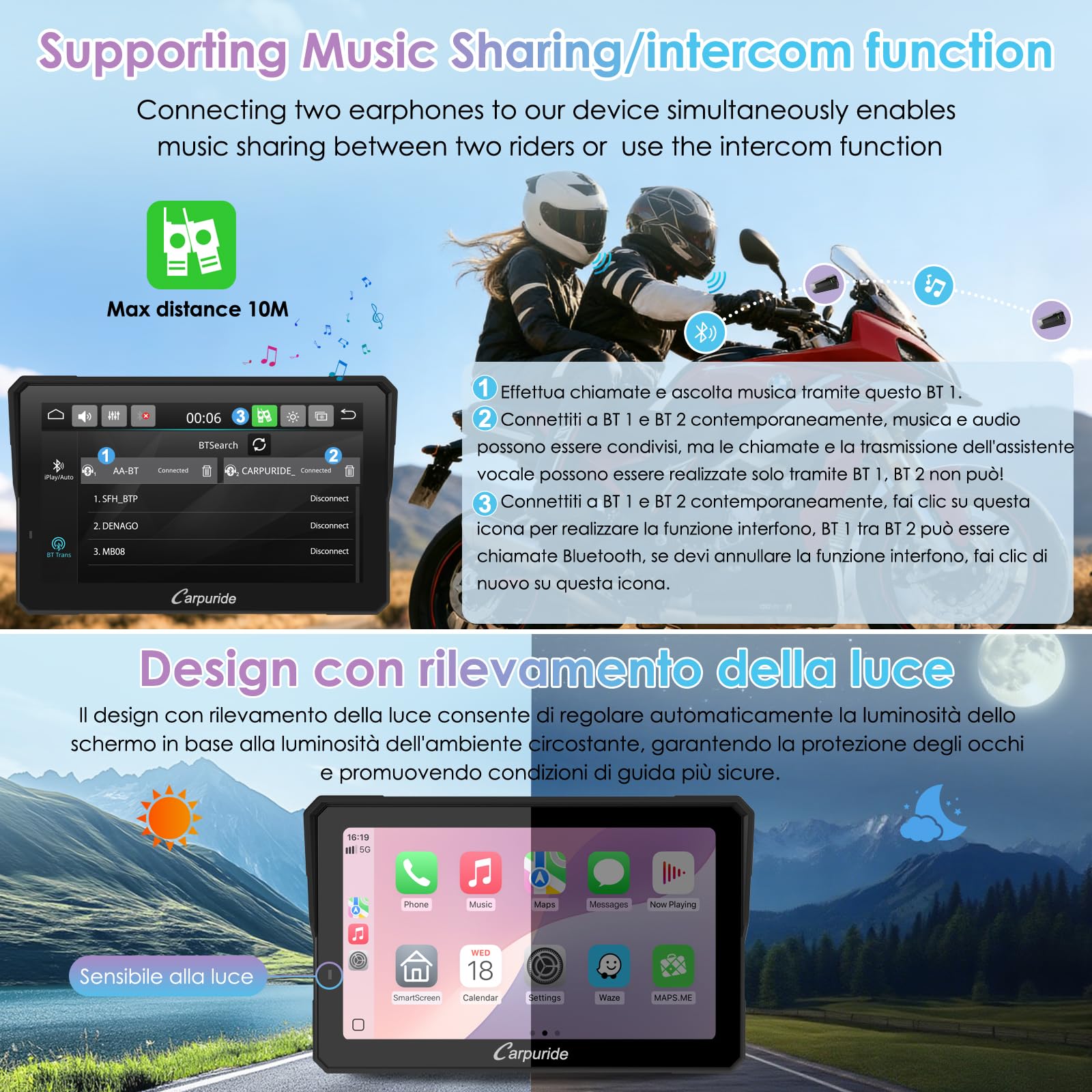 CARPURIDE W702RS Pro Moto Carplay Schermo con Radar BSD e BM05 Mount, Wireless CarPlay & Android Auto, 7 pollici Impermeabile Touchscreen, Funzione Interfono, Dual Bluetooth, Wired Controller, Navi.