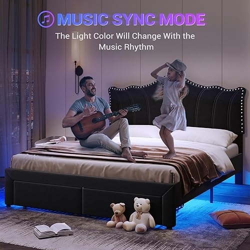 Miniatura 5 de DICTAC Marco de cama tapizado de terciopelo Queen con 2 cajones de almacenamiento, marco de cama LED de tamaño Queen con remache curvado ajustable y