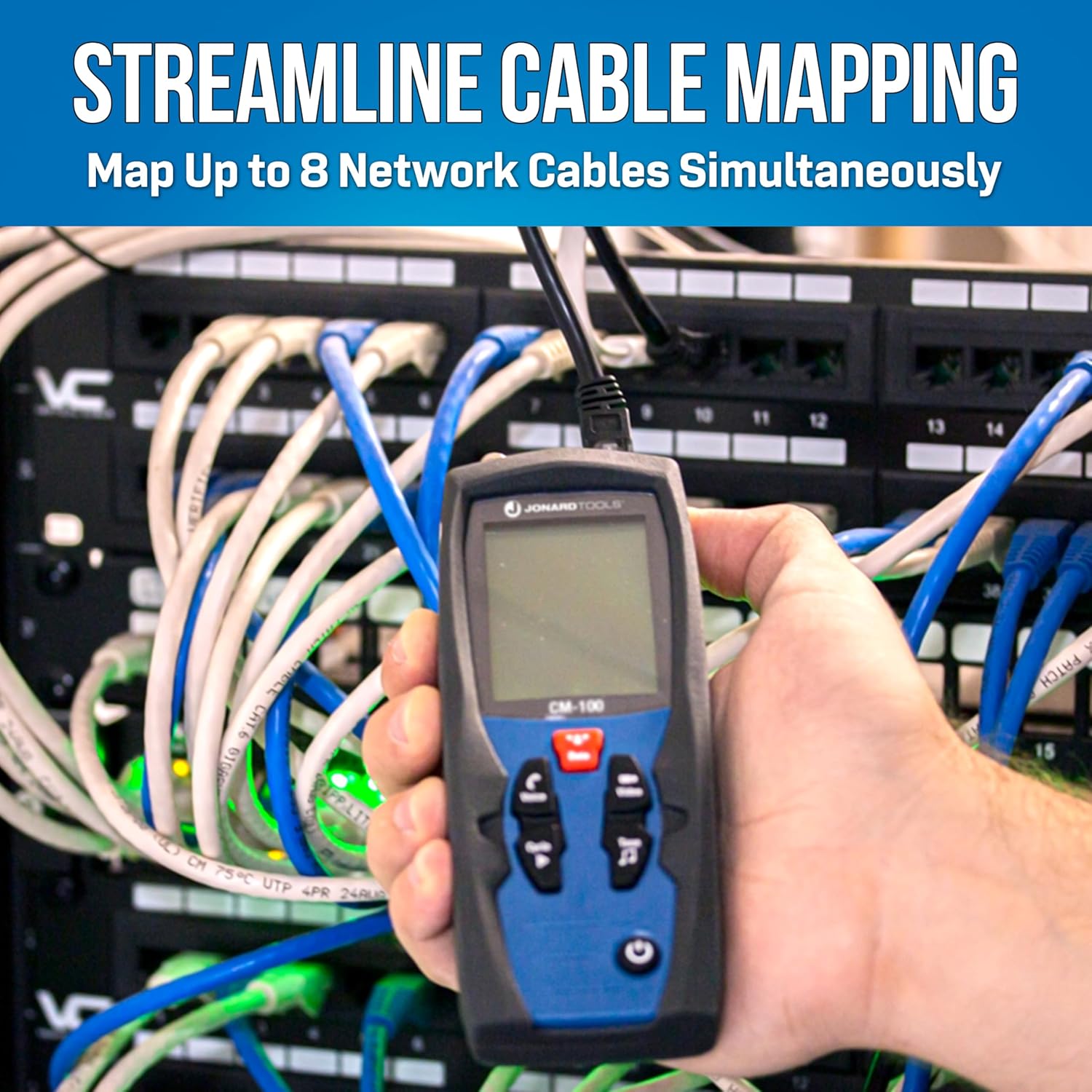 Hand holding Jonard Tools CM-100 Cable Mapper Pro connected to a network cable in a server rack