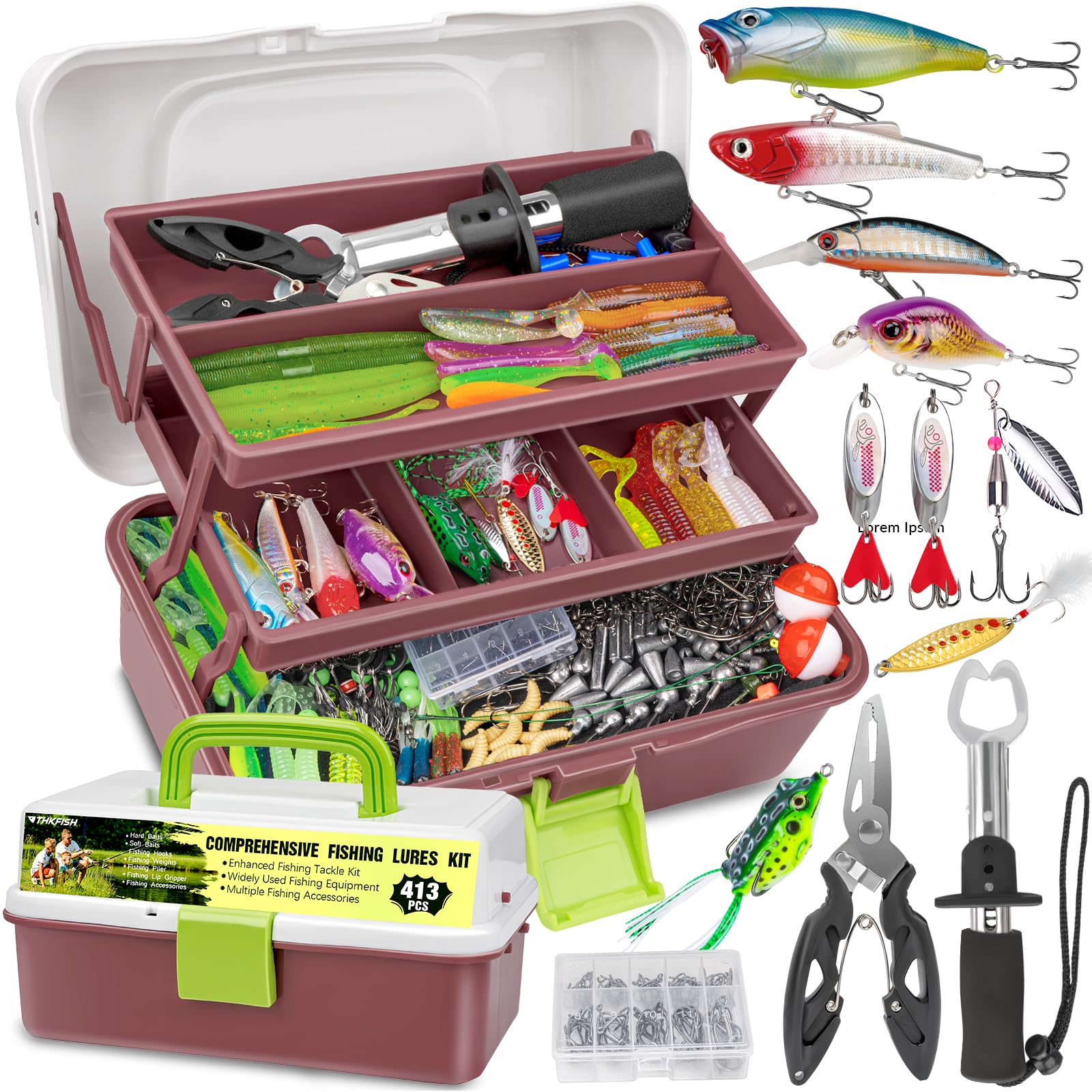 THKFISH Scatola per attrezzatura a 3 strati con attrezzatura inclusa, 413 pezzi per esche da pesca, accessori e strumenti. Il kit contiene crankbait, ami, piombini pesi, pinze da pesca per basso