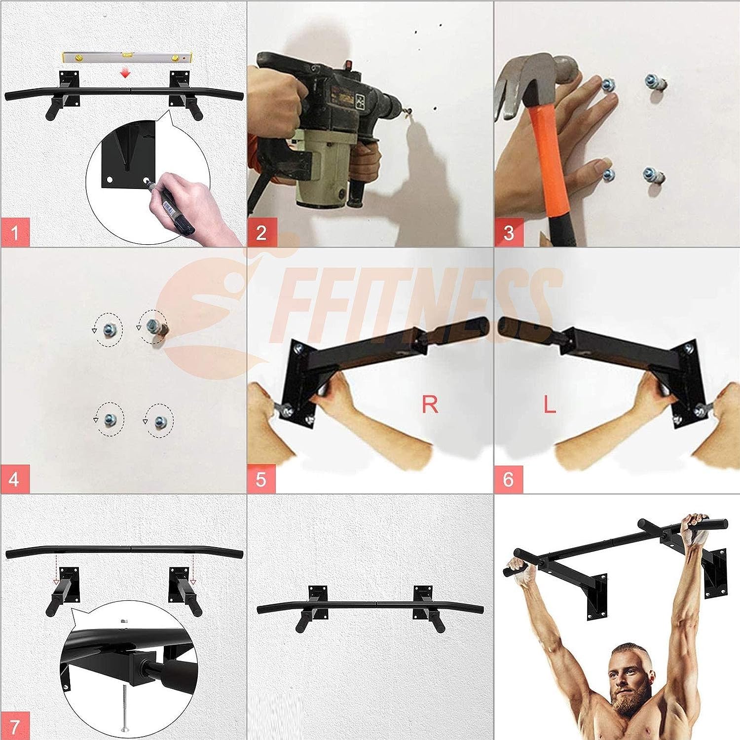 FFitness Barre de traction murale pour mur, max 150 kg, multifonction barre de traction up Chin Up Multi-Grip Bar