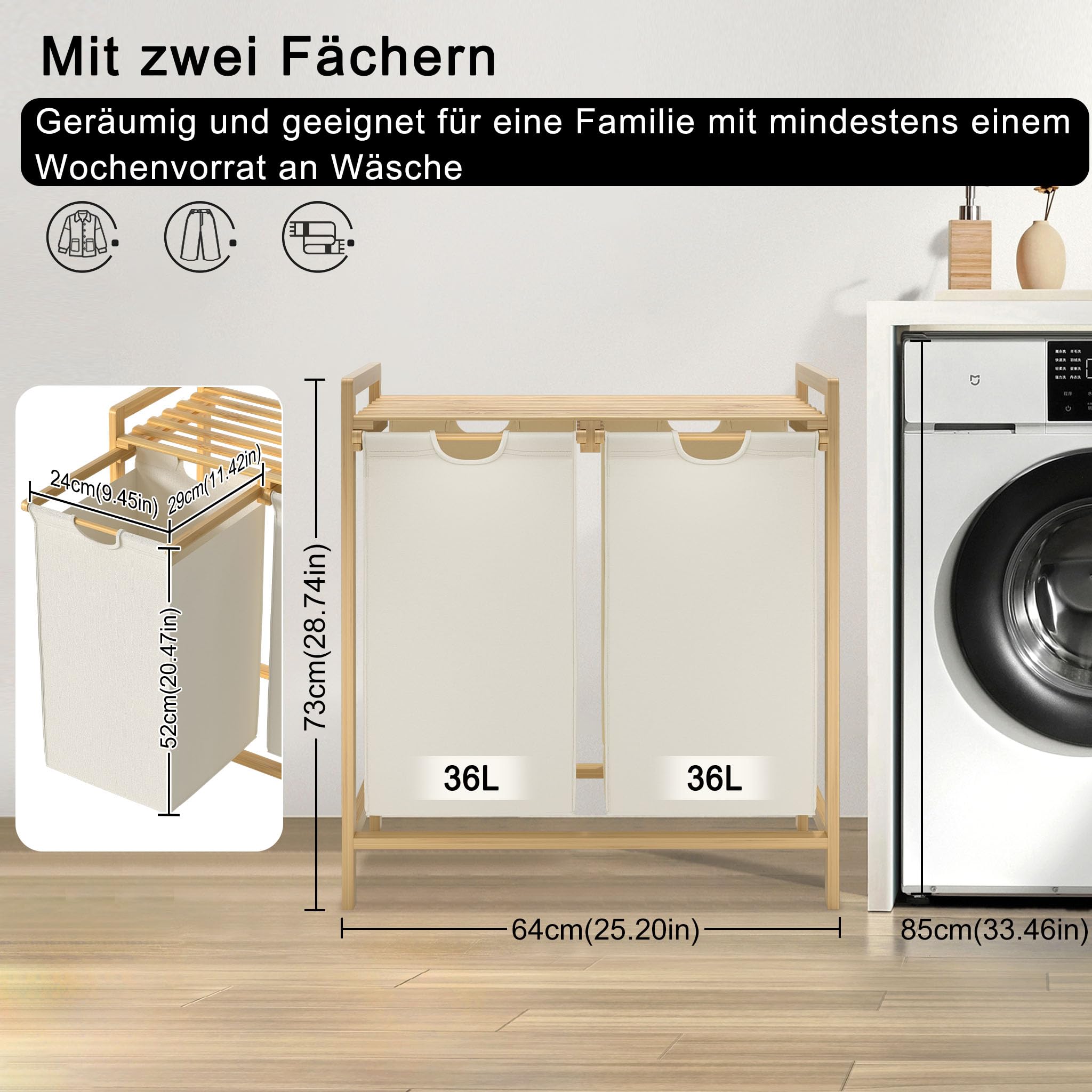 UISEBRT Bambus Wäschekorb mit 2 Fächern, 72L Wäschesortierer aus Oxford-Stoff, Wäschesortiersystem abnehmbar und waschbar, 73x64x33,5cm, Beige
