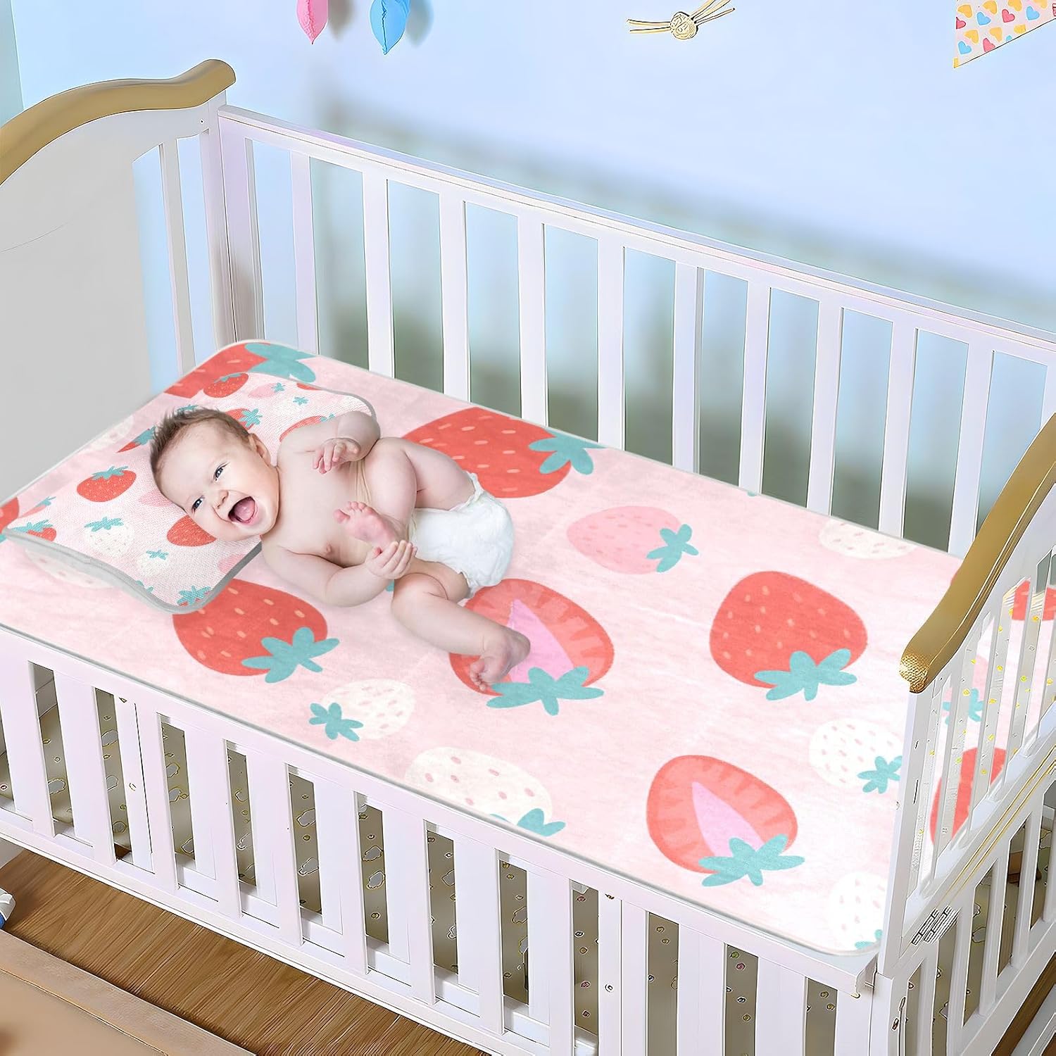 Pink Strawberry Cooling Baby Crib Mattress pad 28" x 52" Breathable Bed Pads Disposable for Baby&Toddler