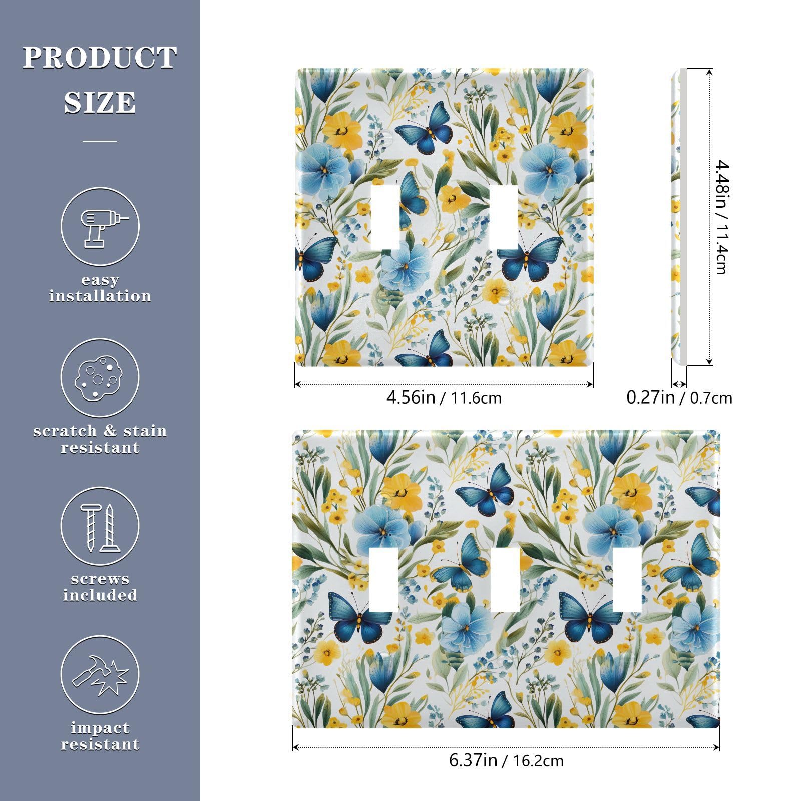 Light Switch Cover Blue Butterfly Floewr Spring Wall Plates for Electrical Outlets 3 Gang 202b3300