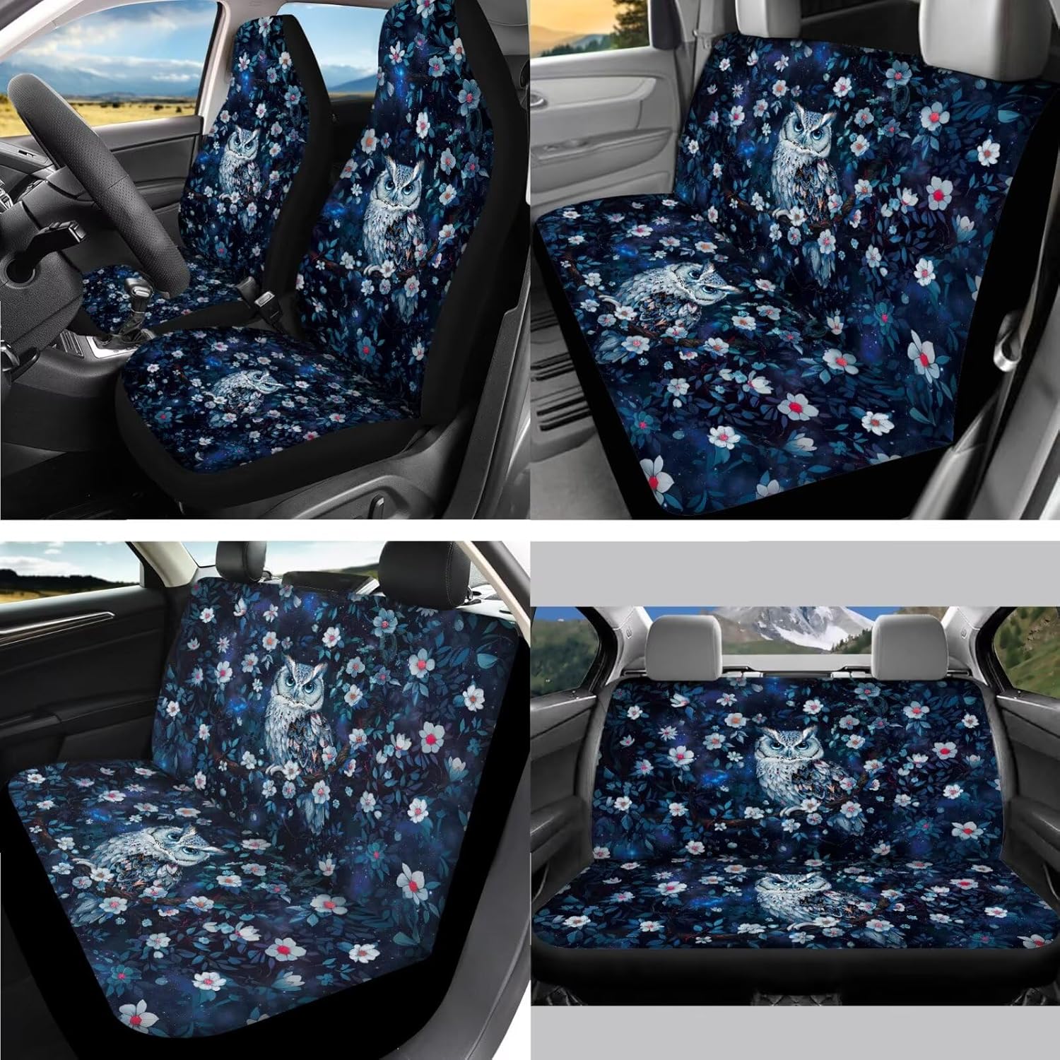Owl Floral Print Car Seat Covers Full Set with Auto Steering Wheel Cover/Armrest Cover/Seatbelt Covers/Coasters/Keychains/Lip Holder for Women