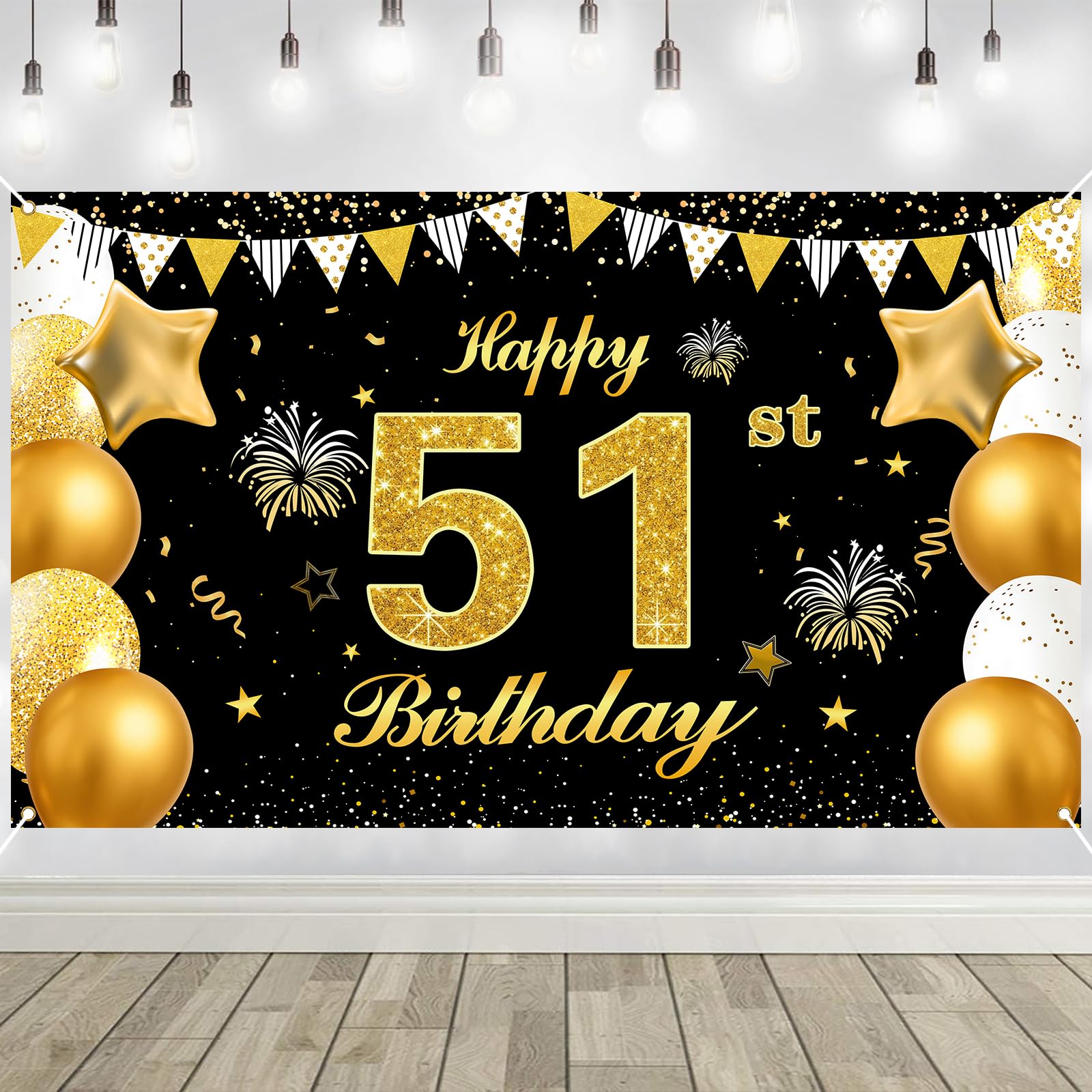 51st Birthday Decorations Banner Gold Black Happy Birthday Door Banner for Party Photo Backdrop for Men Women Home Outdoor Cover Party Decoration Supplies Poster