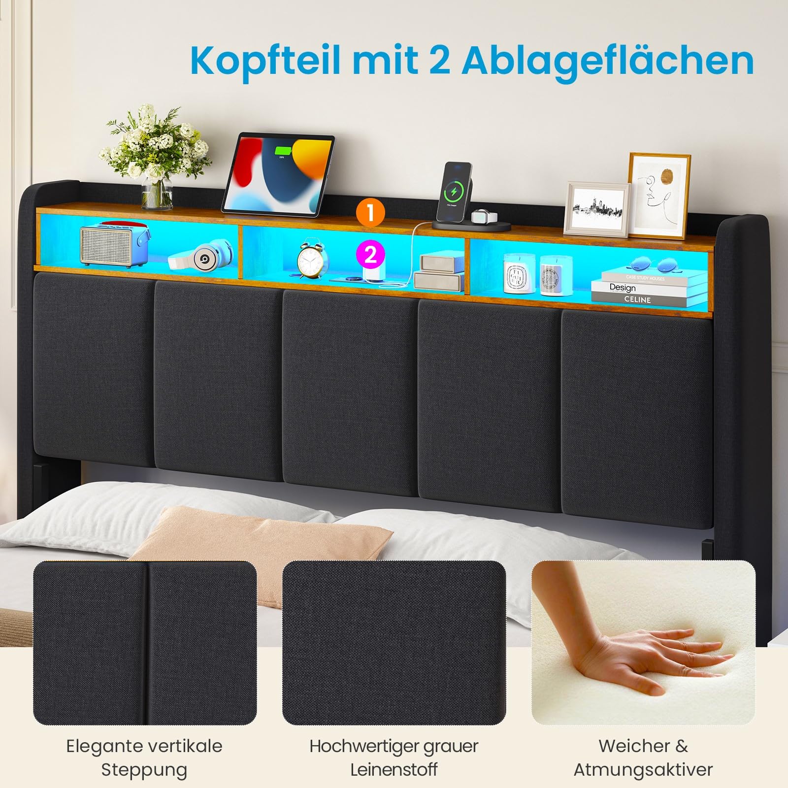 Brinlawb Polsterbett 140x200 cm Schwebebett mit LED-Beleuchtung, Kopfteil und Ladestation(2 AC-Steckdosen, 2 USB-Anschlüsse), Bett 140x200 mit Stauraum, Modern Doppelbett mit lattenrost, Leinen, Grau