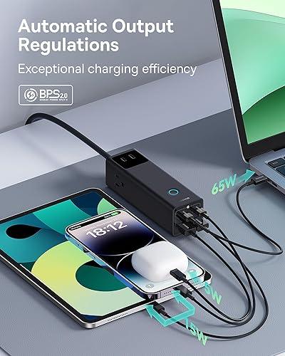 Miniatura 7 de Baseus Estación de carga de 100 W - Tira de alimentación 7 en 1, cargador USB C con protección contra sobretensiones, 3 AC, 2 USB-C, 2 puertos