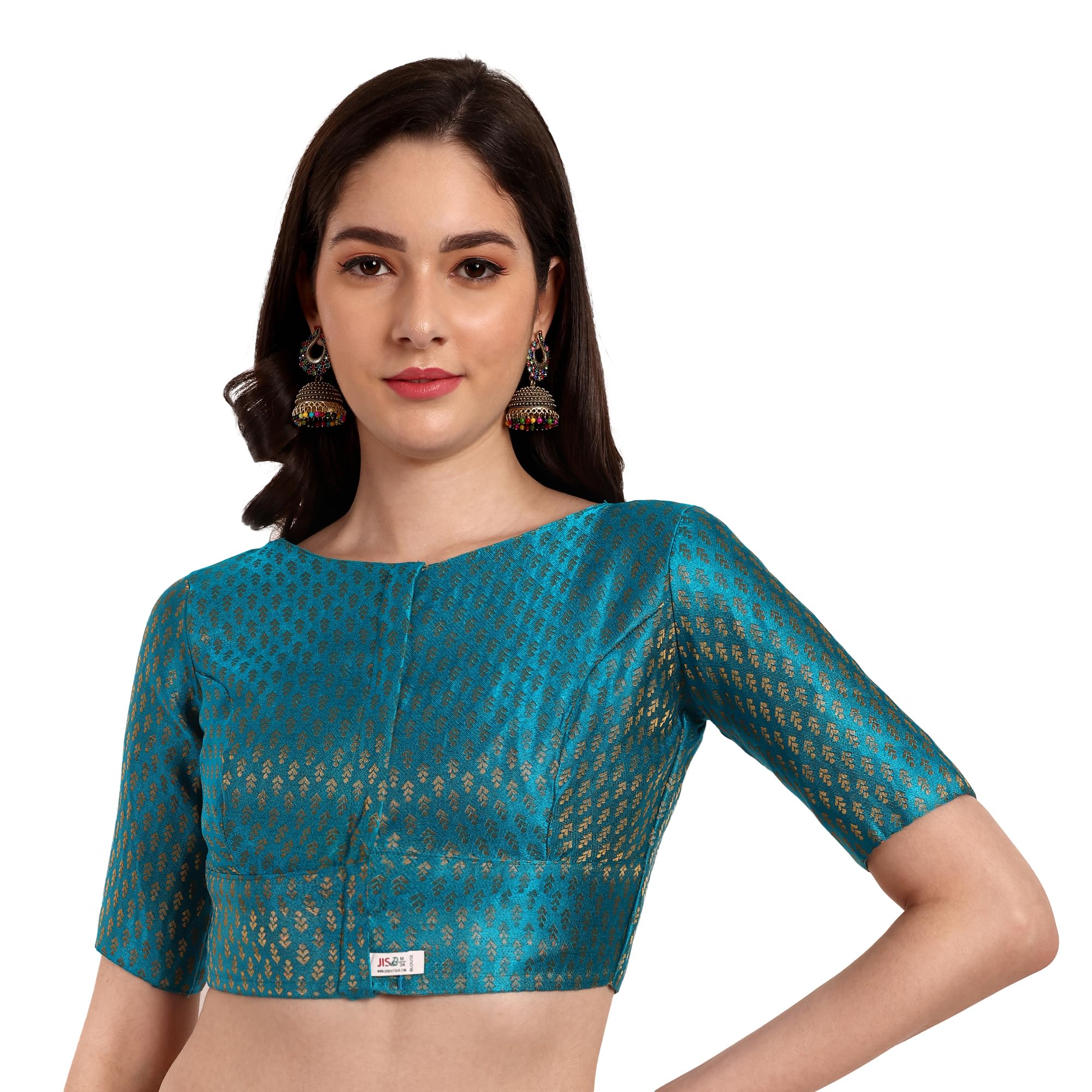jisb Women's Brocade Boat Neck Elbow Sleeve Blouse-picture-22