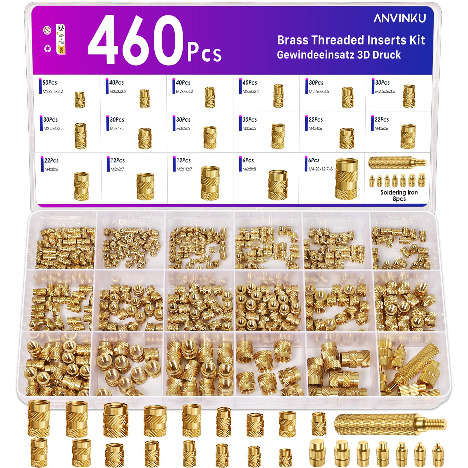 460PCS Threaded Inserts for Plastic, ANVINKU Brass Inserts 3D Printing, M2 M2.5 M3 M4 M5 M6 Heat Insert Tool, Heat Insert Assortment Set for 3D Printer Parts