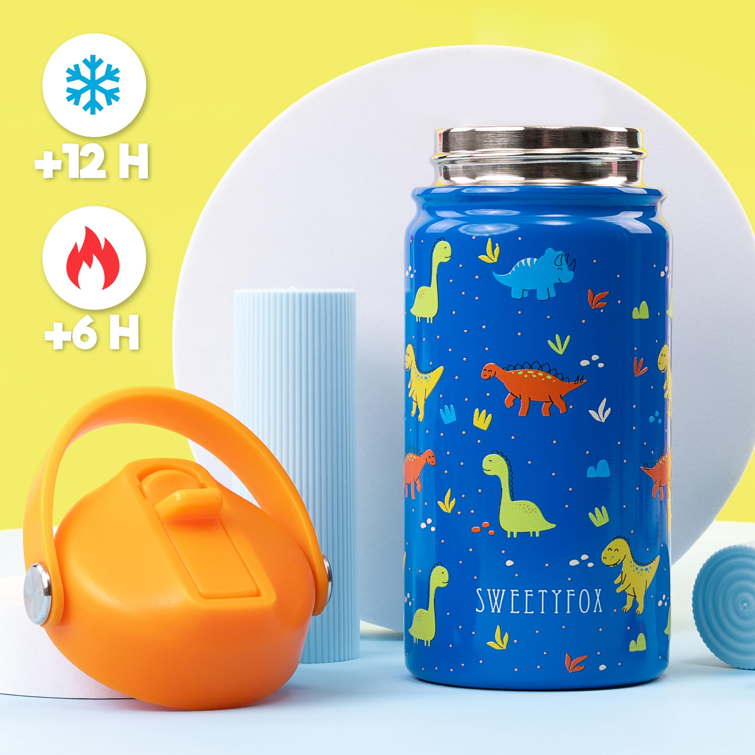 Sweety Fox - Gourde Isotherme Enfant Dino avec Pailles et Goupillon - Gourde Enfant INOX sans BPA pour Enfants de 3 Ans et Plus