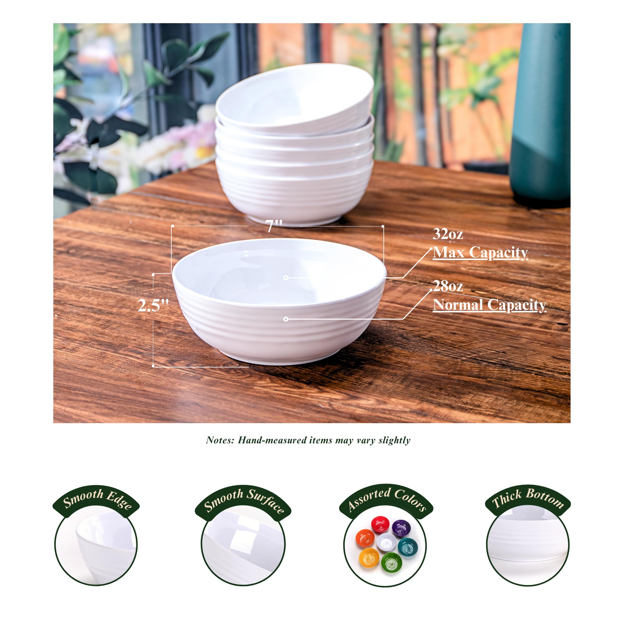 Cuencos de melamina de 7 pulgadas (juego de 6) – Vajilla de plástico irrompible y reutilizable con sensación de cerámica, apilable y apta para lavavajillas, versátil para todas las comidas