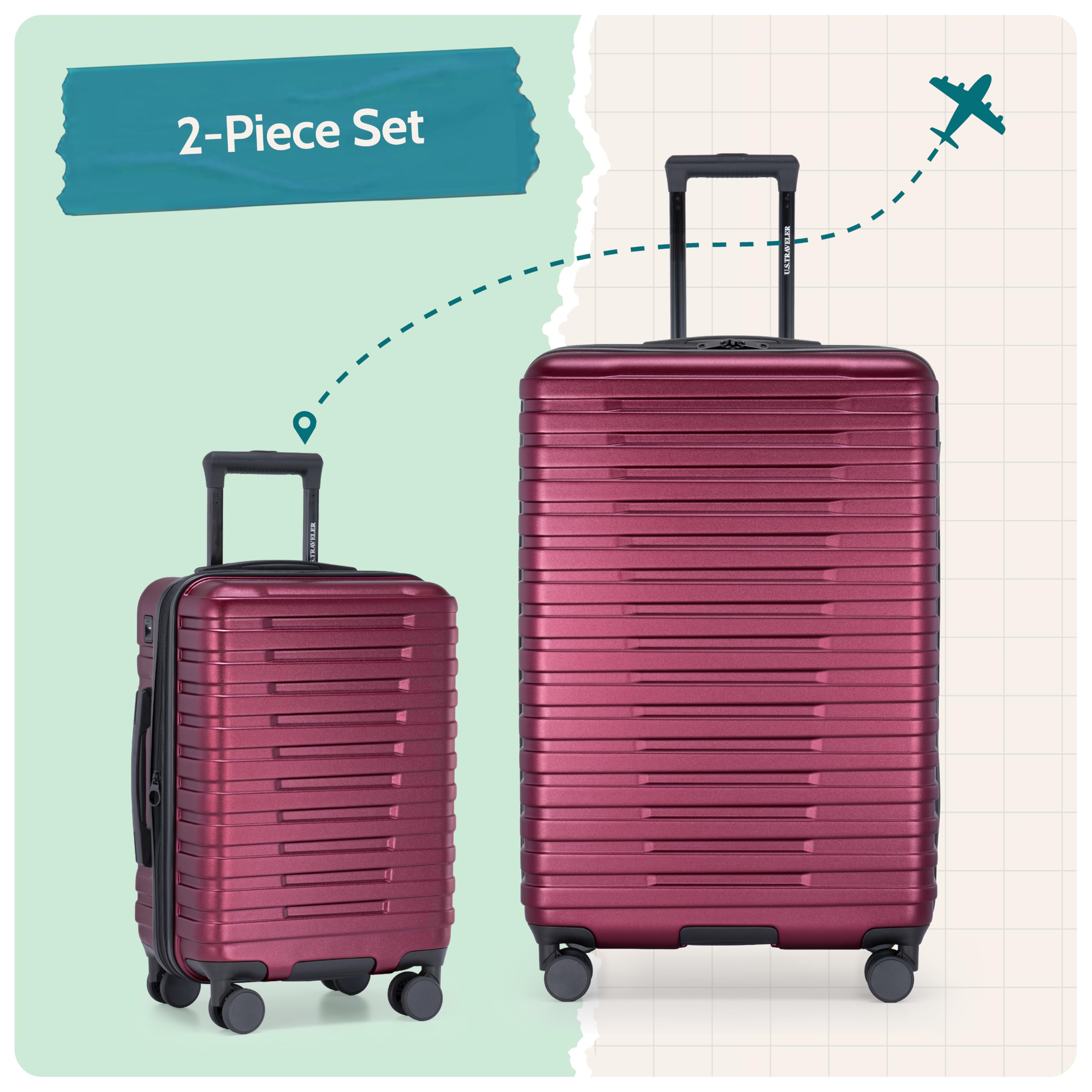 U.S. Traveler Boren - Equipaje de Viaje Resistente expandible con 8 Ruedas giratorias, Rojo metálico, Juego de 2 Piezas
