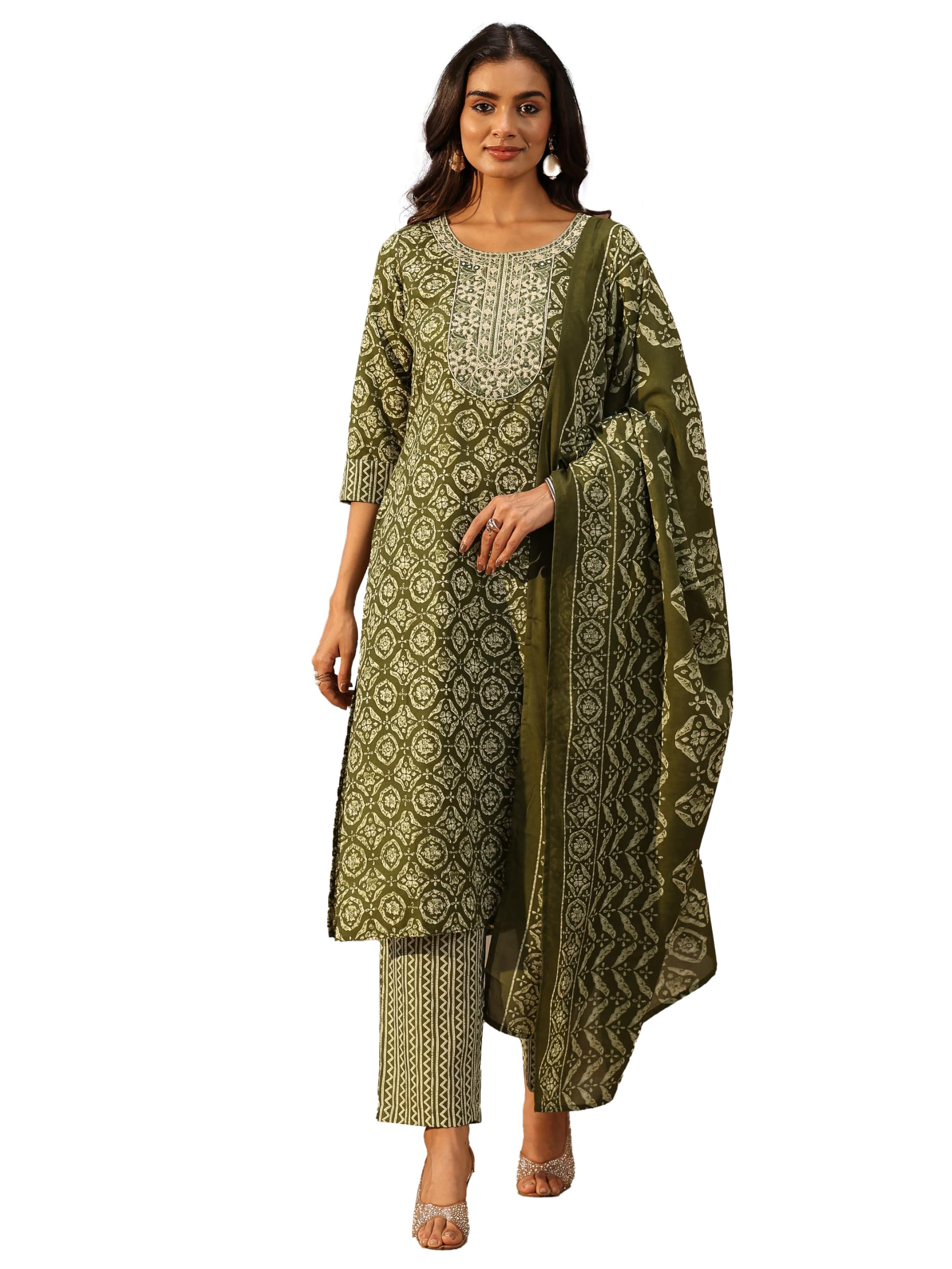 Printed Cotton Blend Straight Kurta With Trouser and Dupatta | daily wear suit-image-34