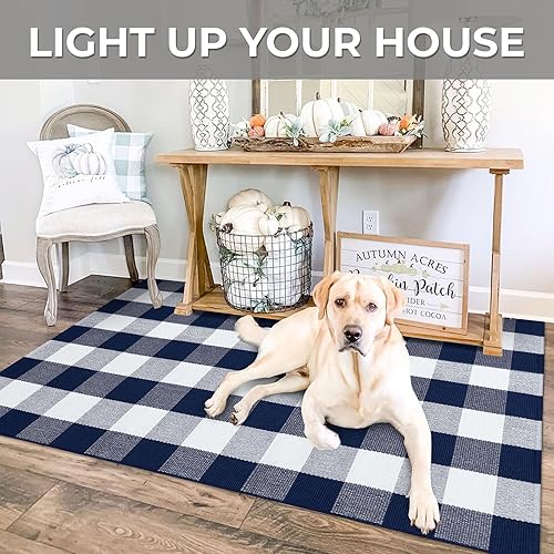Miniatura 505 de IOHOUZE - Tapete a cuadros estilo búfalo de 5 x 8 pies para interiores y exteriores, lavable, para sala, tapete de bienvenida primavera-verano