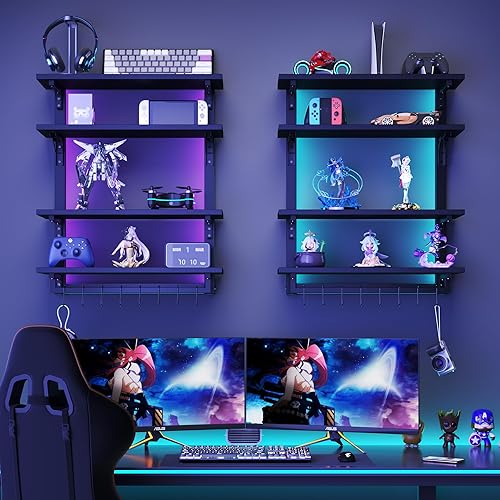 Miniatura 4 de Spacesea Estantes flotantes plegables para juegos con estante ajustable, estantes montados en la pared de 24 pulgadas con LED dinámico, estantes