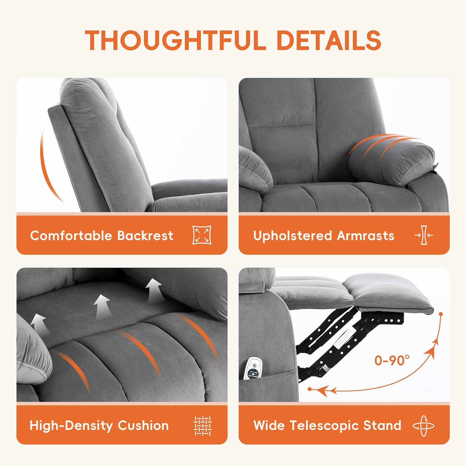 Power Swivel Rocker Recliner with Massage and Heat, USB and Type-C Port, Infinite Position, Electric Glider Rocking Chairs Living Room, Soft Fabric Reclining Sofa Chair (Velvet Grey)