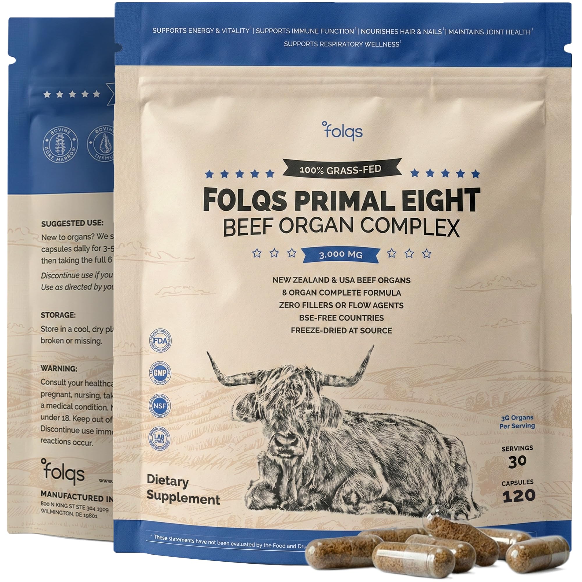 Folqs Grass Fed Beef Organ Supplement 3000mg (8 Organs) - Bone Marrow, Thymus, Liver, Heart, Kidney, Trachea, Spleen, Lung - Freeze-Dried - 120 Capsules (30 Servings)