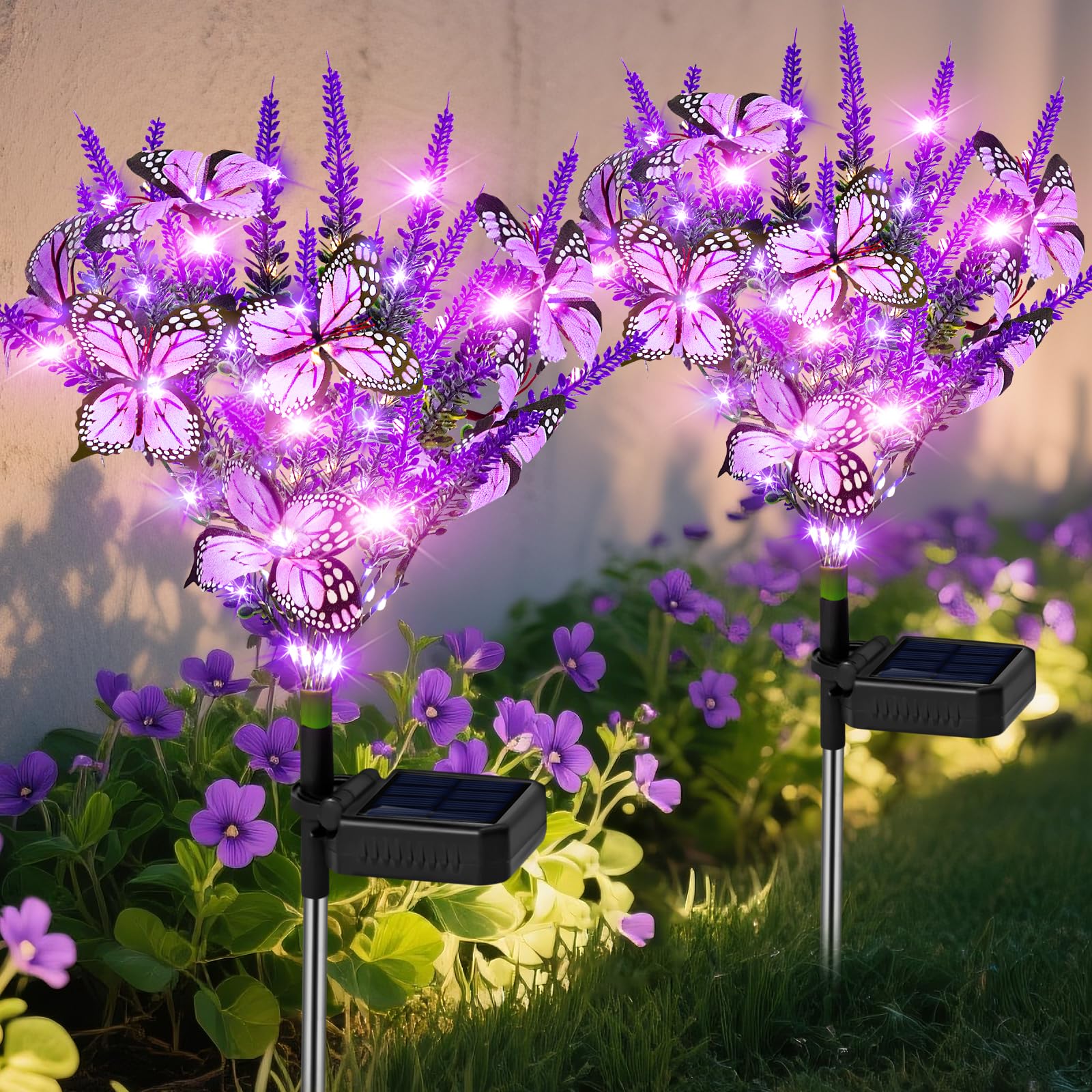 Solar Garden Lights Outdoor 2 Pack Lavender Butterfly Lights, Solar Artificial Flower Outdoor Waterproof Decoration Gardening Gifts for Women, Yard Patio Pathway Lawn Courtyard Decoration