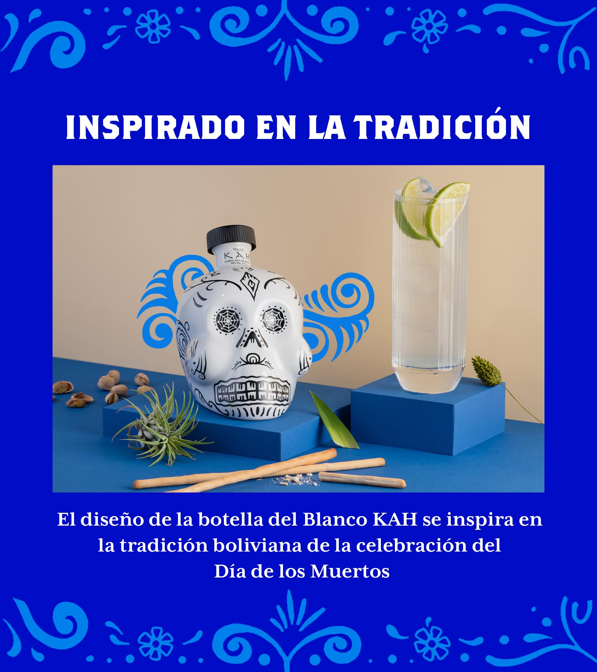 KAH Tequila Blanco - Botella Blanca Decorada Día de los Muertos - 100% Agave Azul, Doble Destilación, Triple Filtración - Añejo - 40% vol 70 cl (700ml / 0.7 Litro)