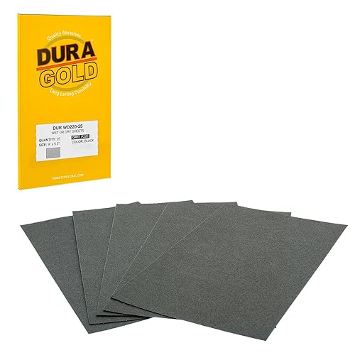 Dura-Gold Hojas de papel de lija húmedo o seco de grano 220, 5-12 x 9 pulgadas, caja de 25 - lijado de corte medio, detalles, pulido automotriz,