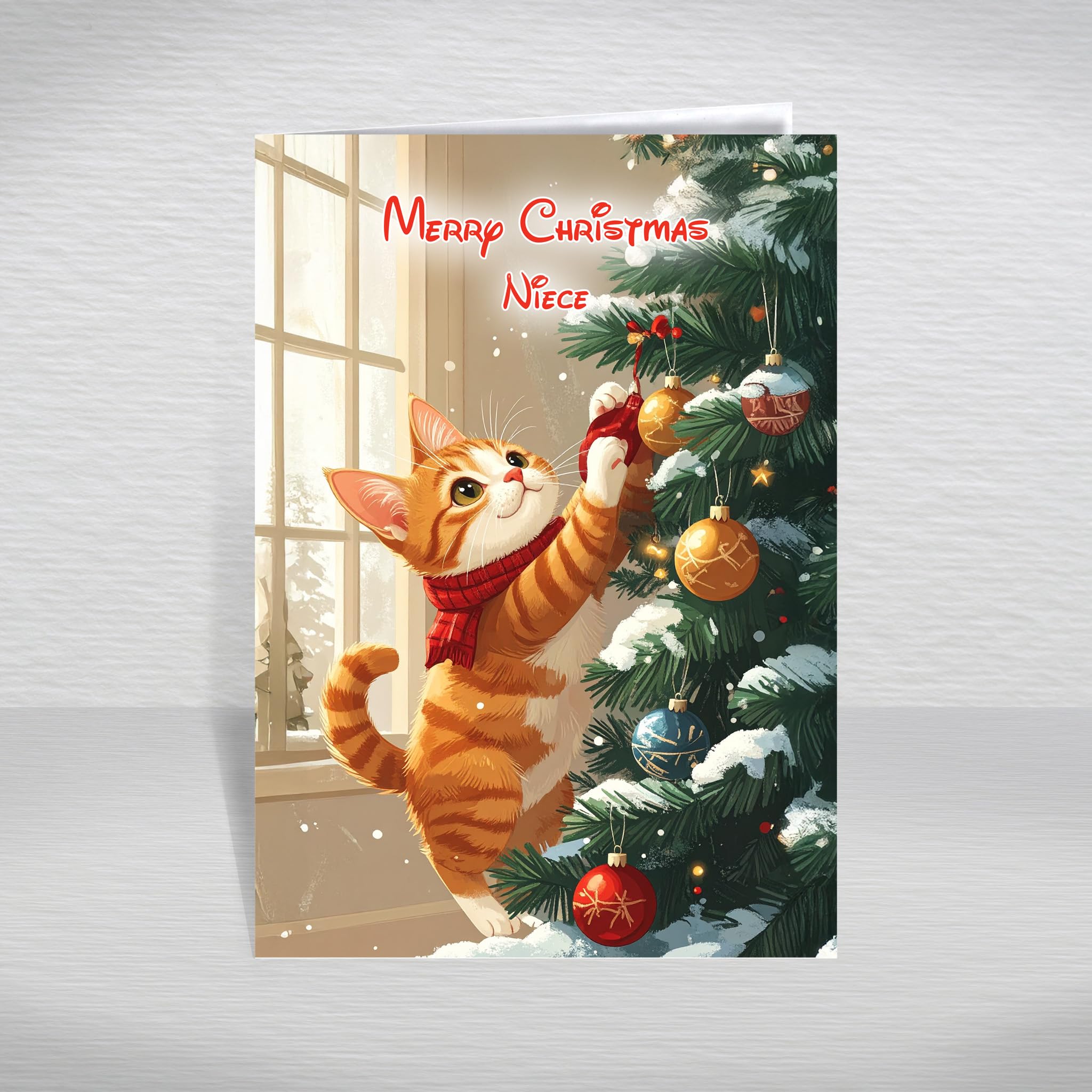 Cat Christmas Card for Niece – Funny Kitten Playing with Christmas Tree Baubles, A5 Cute Cartoon Cat Greeting Card with a Special Verse Inside: Niece Christmas Card — image 1