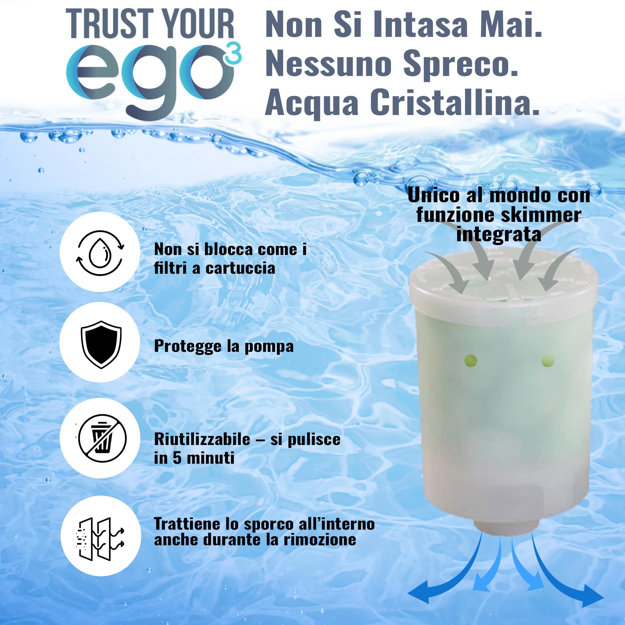 EGO3 Set filtri Vasca idromassaggio 1 LW 1½" Filetto fine + 10 ricariche – sostituisce filtri a Cartuccia Vasca idromassaggio – 300g Palline filtranti – Made in EU (2 contenitori + 300g)