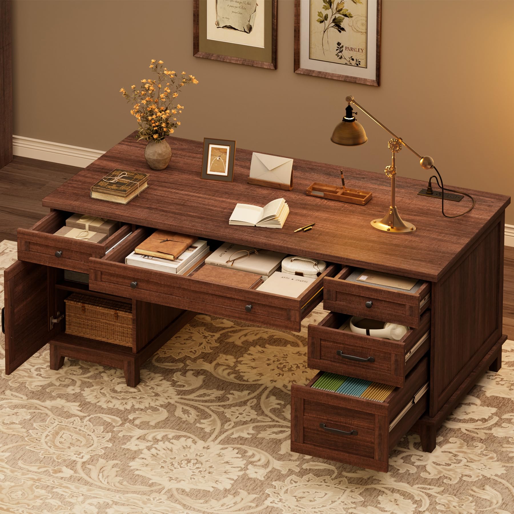 GarveeHome Executive Desk with File Drawers, Farmhouse Home Office Desk with Charging Station, 60 in Wooden Computer Desk with Cabinet Storage for