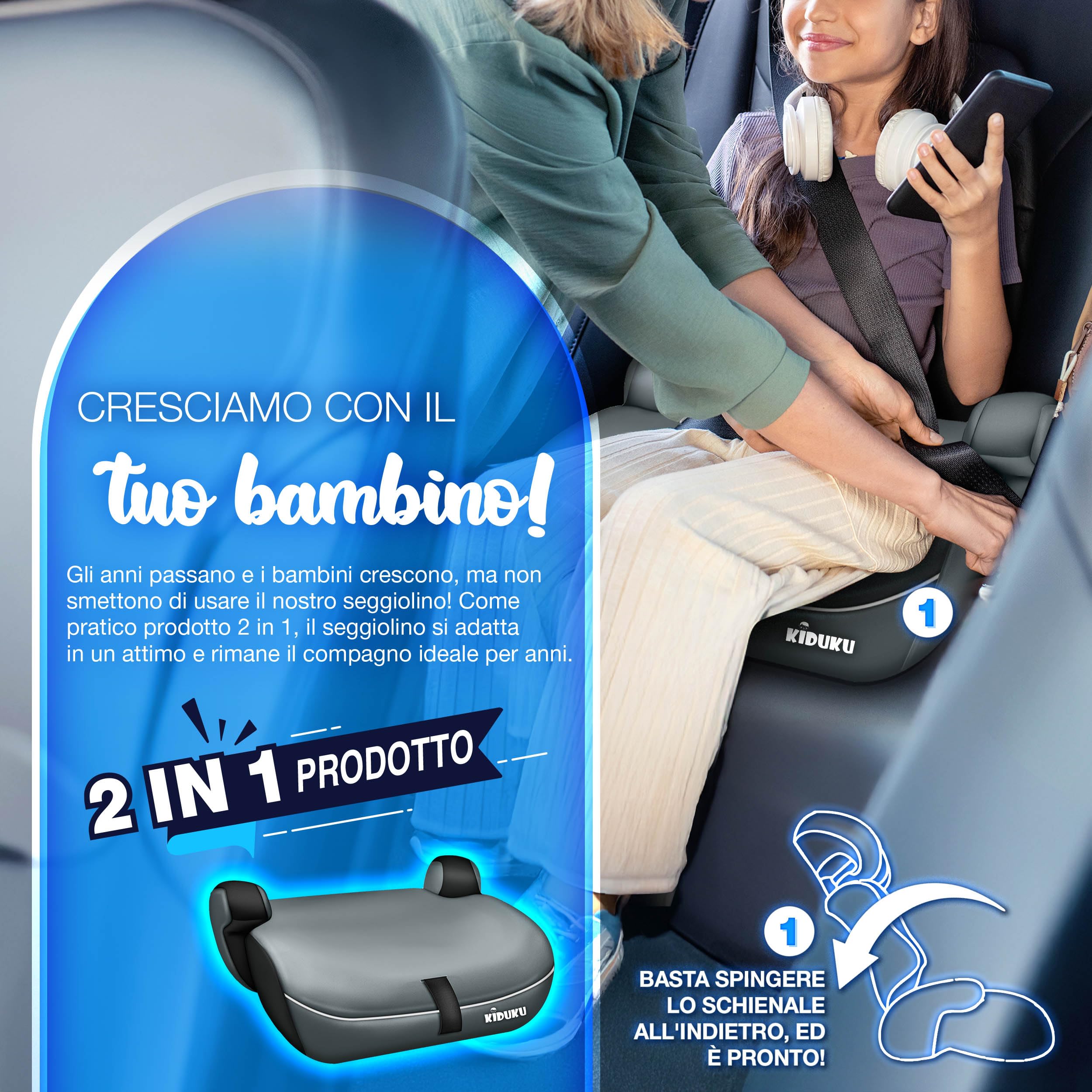 KIDUKU Seggiolino auto con coprisedile, cresce con il bambino, sedile, universale, approvato con la normativa ECE R129/03, 9-36 kg (1-12 anni), gruppo 1+2+3 (Nero-Grigio)
